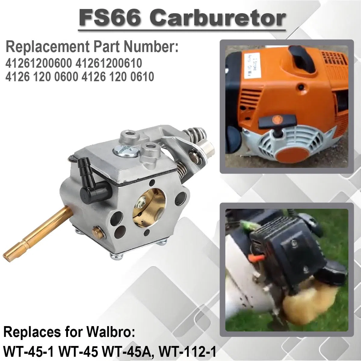 Carburateur FS66 pour Stihl FS86 FS48 FS52 FS56 FS62 FS81 FS106 FS66 Débroussailleuse BR400 Souffleur de Feuilles WT-45 WT-45-1 WT-45A WT-112-1 Pièces de Rechange 4126 120 0600