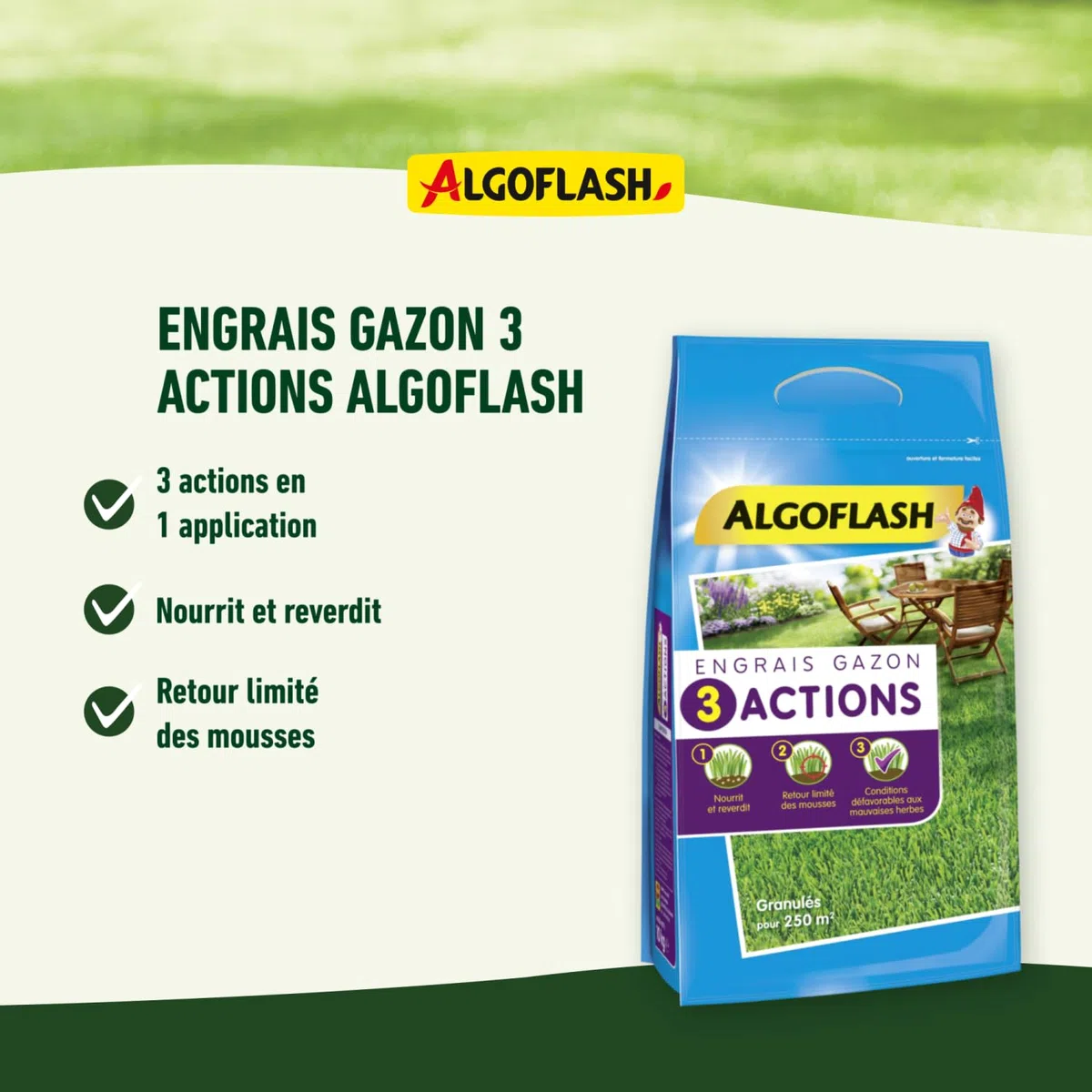 ALGOFLASH Engrais Gazon 3 Actions, Jusqu'à 60m², 3 kg, ETRIA60N