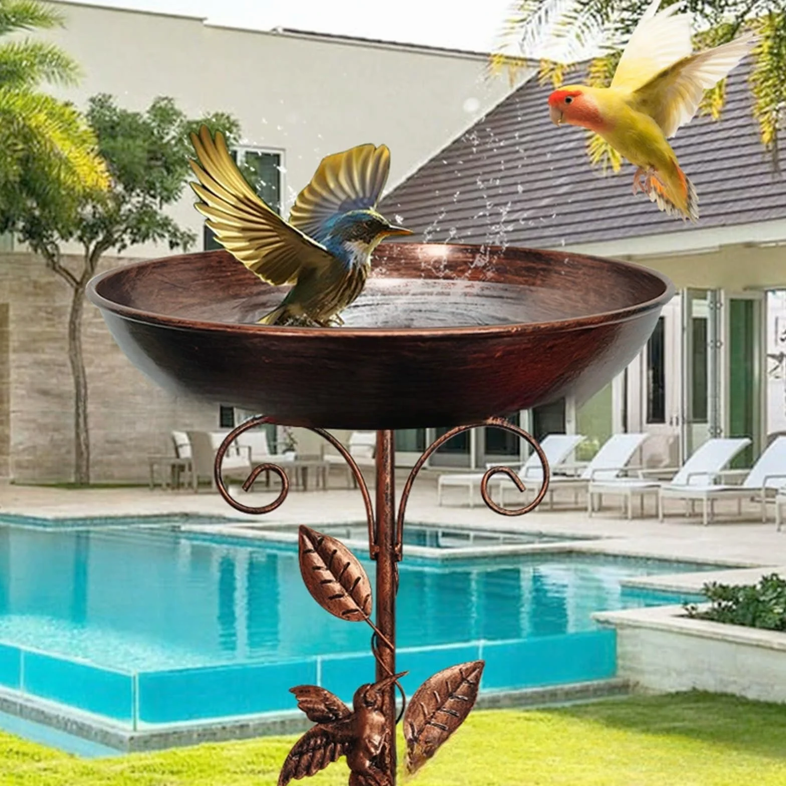 Bain d'oiseaux debout pour oiseaux - Bain d'oiseaux pour le jardin - Bain d'oiseaux avec oiseau et feuille - Base améliorée à 5 dents - En métal - Pour terrasse, cour, décoration de pelouse