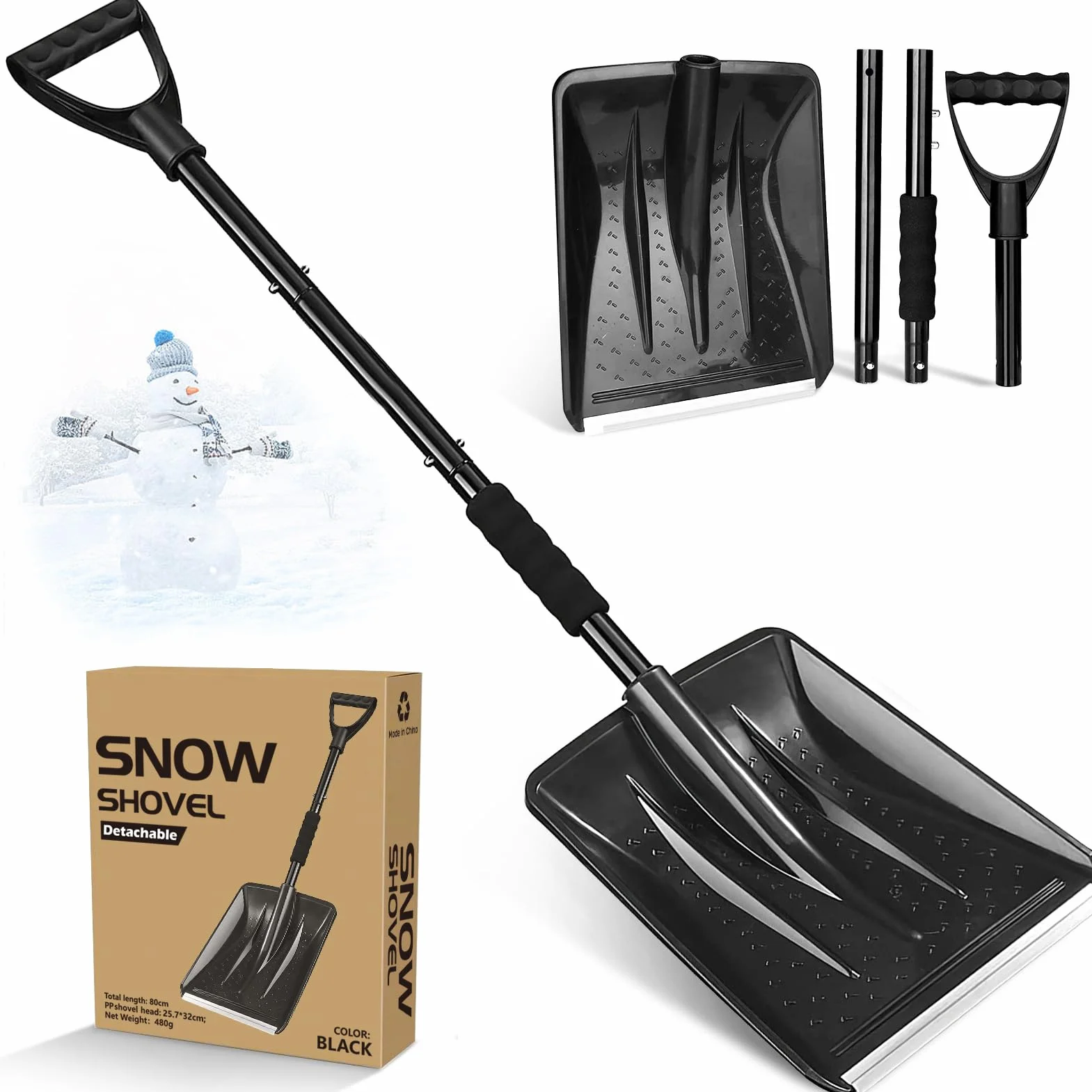 Pelle a Neige, 108cm de Long, Profil en Aluminium Bord de Glissement, 4 Pièces Conception Amovible, Réglable Pelle à Neige Portable pour Conduire, Camping, Bonhomme de Neige Jouer