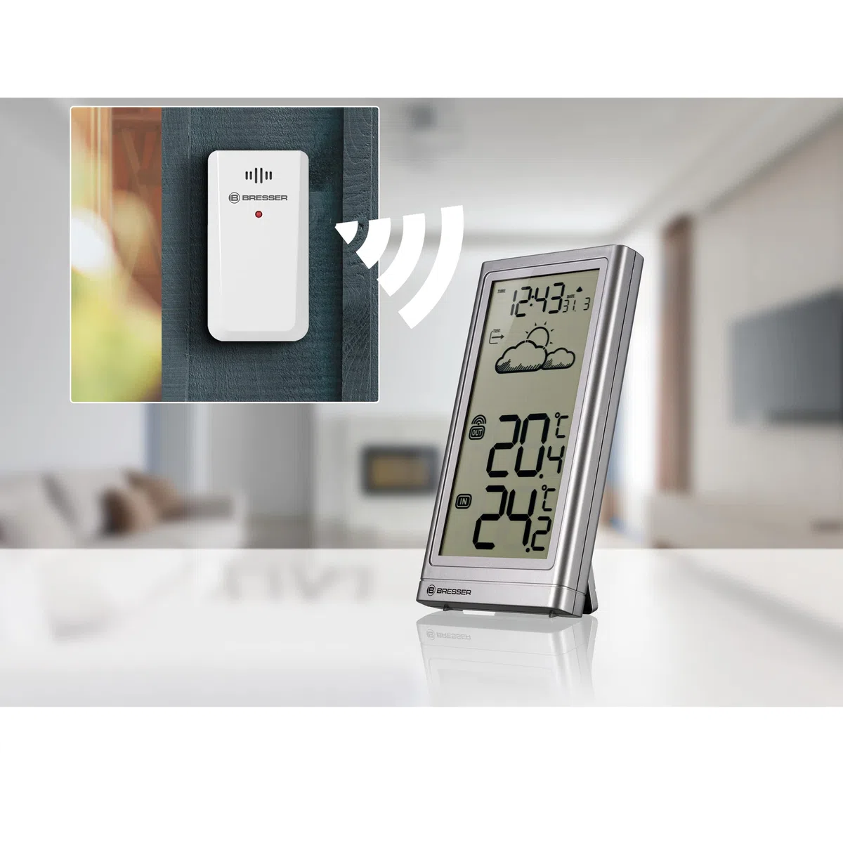 Bresser Station météo sans fil avec capteur extérieur Meteo Temp, thermomètre avec affichage de la température pour l'intérieur et l'extérieur, prévisions météorologiques, avec pied pliable et support
