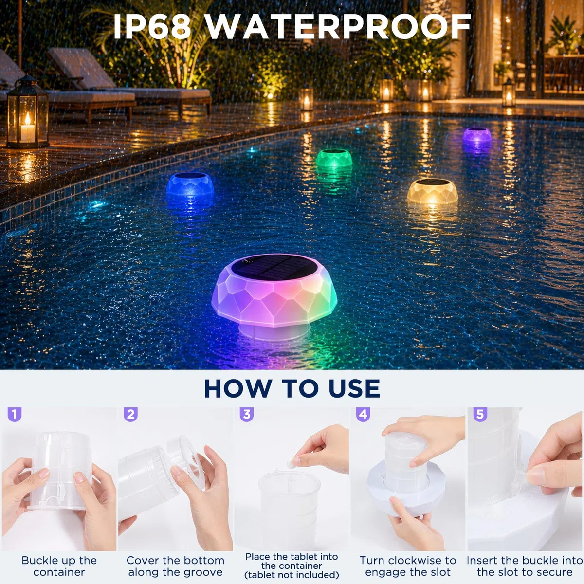 Éclairage Solaire Flottant pour Piscine avec Distributeur de Chlore, IP68 étanche, 7 Modes Lumineux, télécommande, minuterie. Lampe Flottante pour Bassin, Spa, Bain à remous, fête