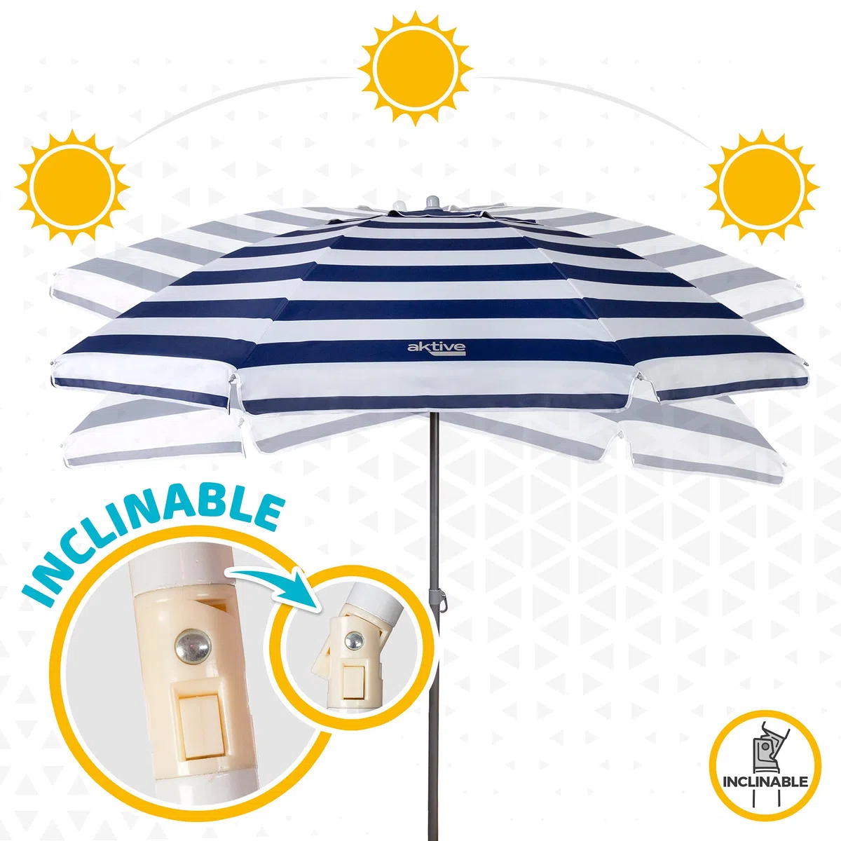 AKTIVE Parasol de Plage, 220 cm, Pare-Soleil Résistant au Vent, Toit de Ventilation, Mât 28-32 mm, Protection UV50, Motif Rayures Sailor, Sac de Rangement Inclus