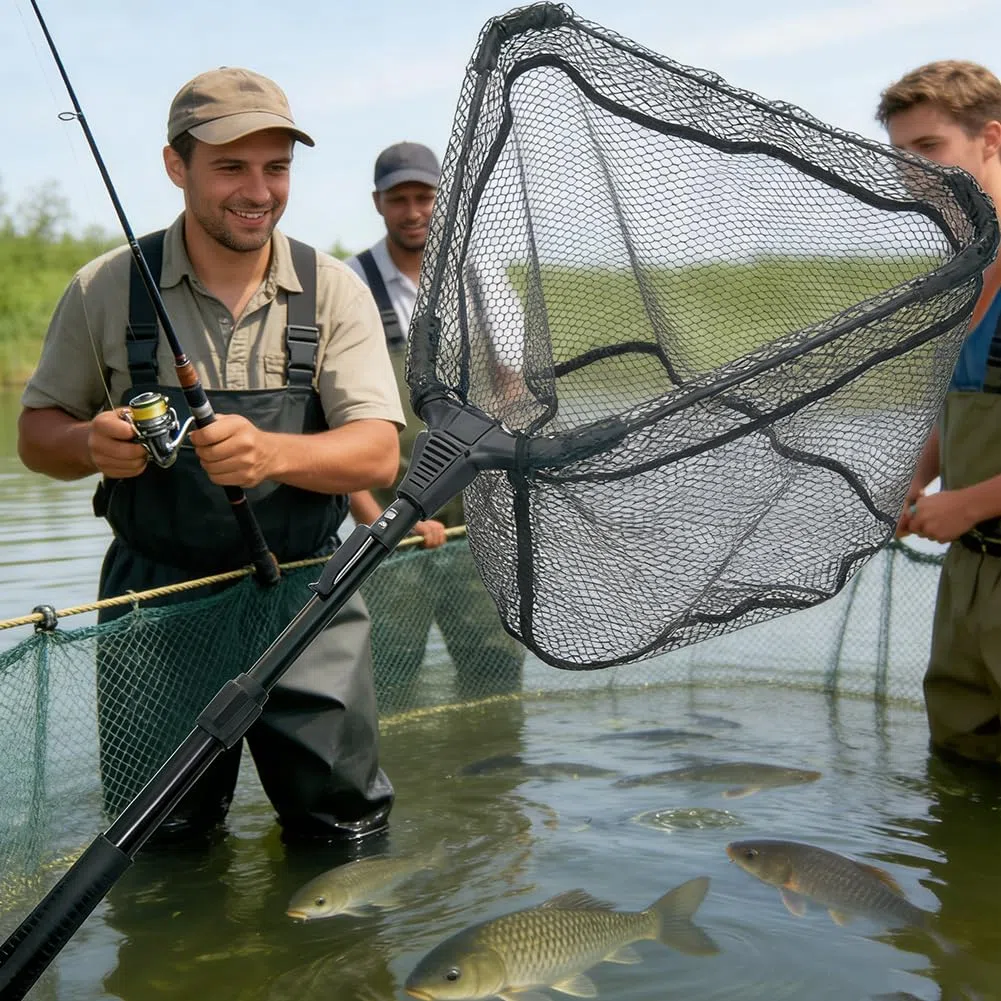 Épuisette de pêche pliable 90 cm - Cadre triangulaire stable - En caoutchouc - Pour étang, ruisseaux, lacs et pêche en bateau