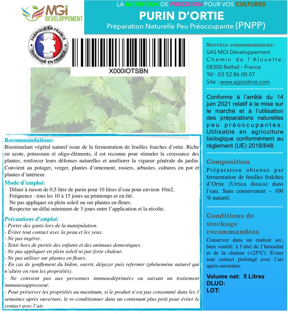 Purin d'Ortie Naturel - Biostimulant Végétal 100% Naturel - Préparation Naturelle Peu Préoccupante (PNPP) - Potager, Verger, Plantes d'Ornement, Rosiers - France - 5L pour 100L prêt à l'emploi