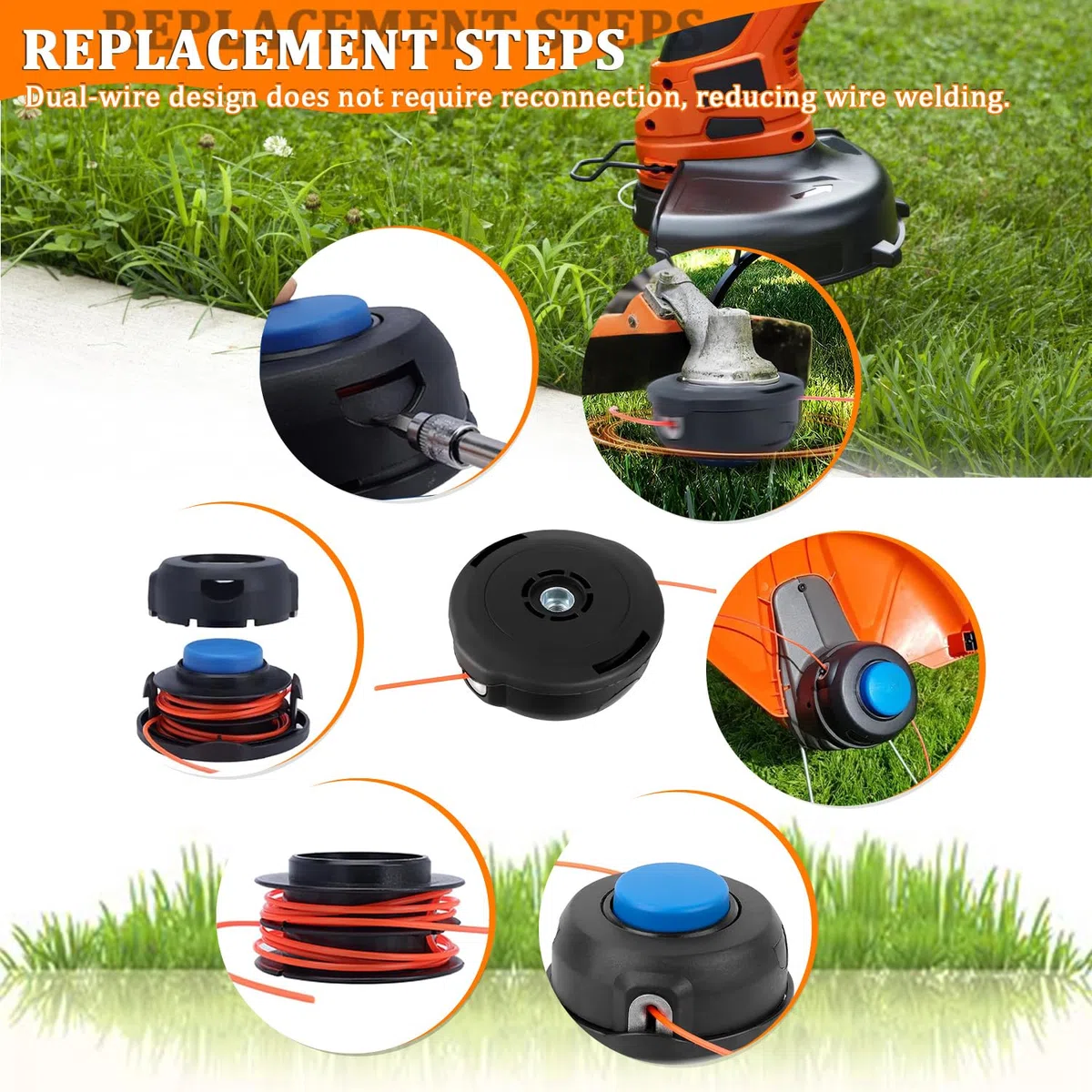 Lot de 2 Tête de Bobine T25 de Rechange M10 x 1,25 mm pour Husqvarna 966674401 122LDX 124L 125L 125LDX 128L 128LD 128DJX avec Fil Universel de 15 m et 2,4 mm et 2 Boutons de Rechange