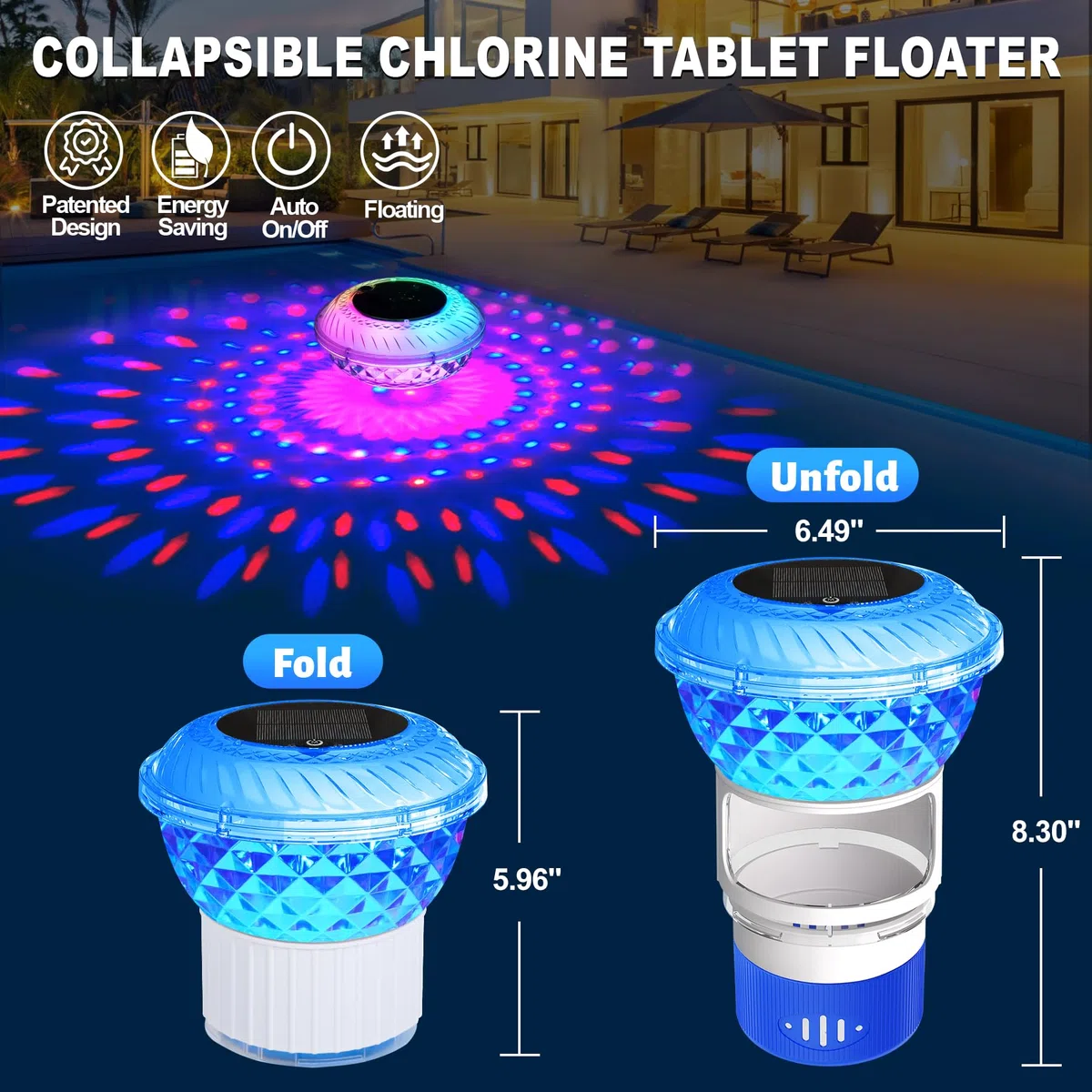 DeeprBling Diffuseur Chlore Piscine avec Solaire Lumière Marquise, Flotteur Chlore Piscine avec Bouton, Diffuseur Piscine Chlore Flottant à LED Changeant Couleur, Distributeur Chlore Flottant Piscine