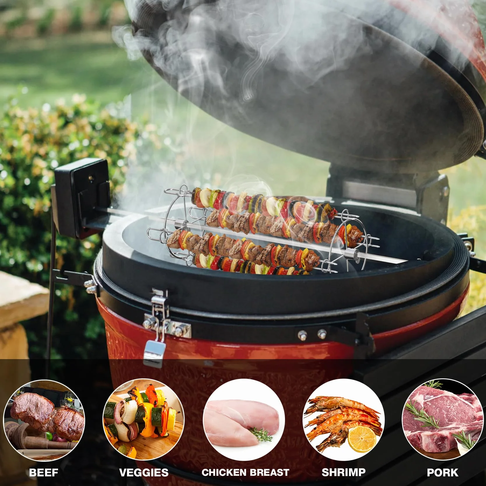 onlyfire Set de Brochettes Rotatives en Acier Inoxydable pour Tournebroche Barbecue, avec 4 Double Pique Anti-Chute d'Aliments, Grille pour rôtissoire pour Barbecue à gaz et Charbon de Bois