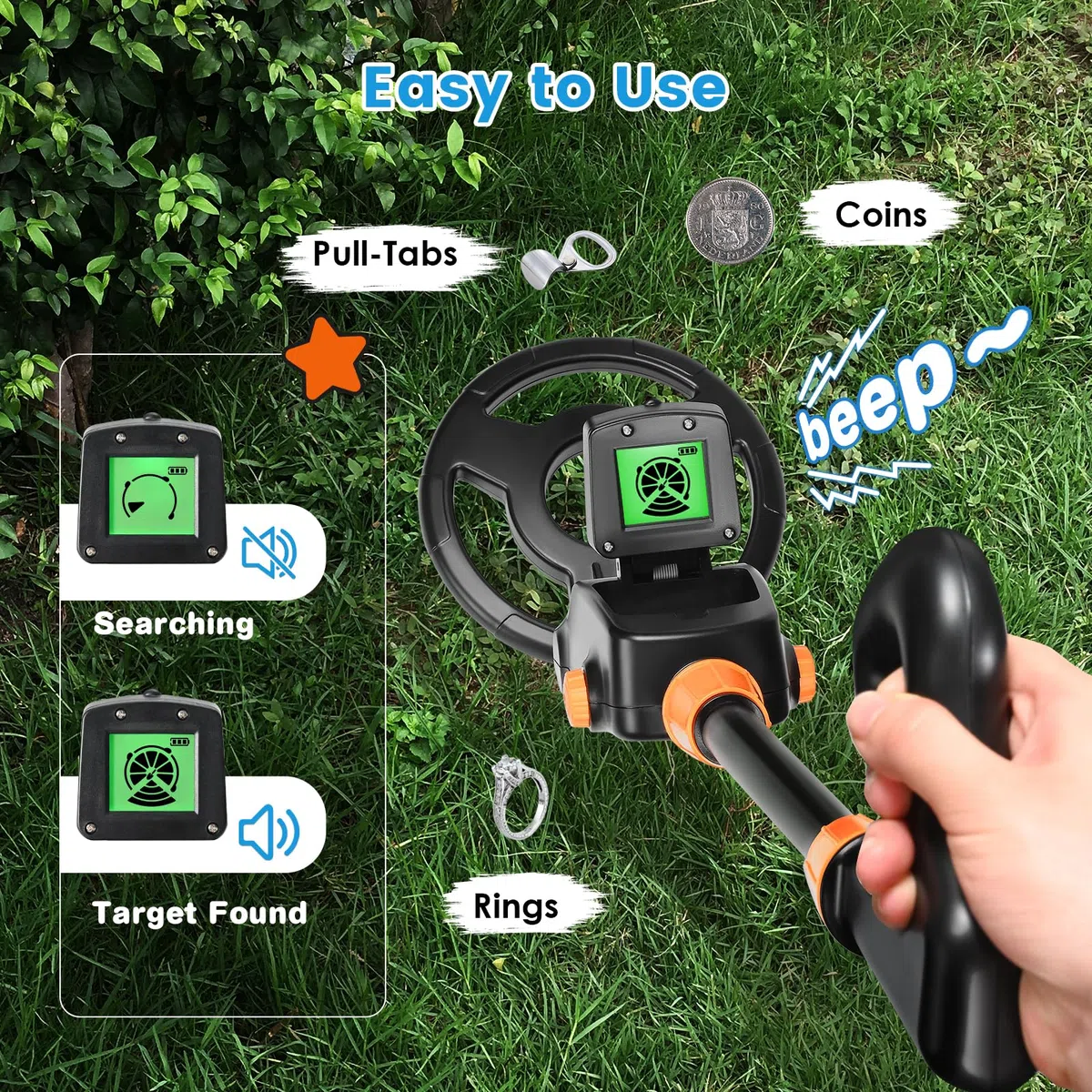 Detecteur de Metaux Enfants, Détecteur de Métaux Légers et étanches IP68 avec Écran LCD et Indication Sonore, Haute Précision pour Enfants avec Pelle pour la Recherche de Métaux