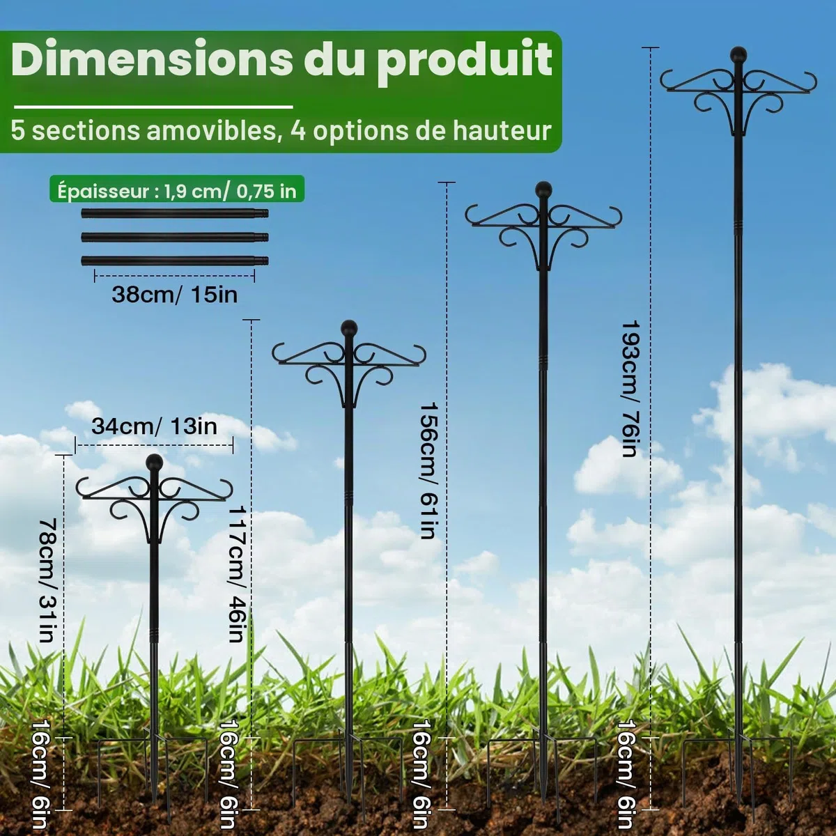 Crochet de Berger pour Jardin, 193 cm Support pour Mangeoire Oiseaux Exterieur Sur pied, Mât Réglable Robuste pour Jardinière Suspendue et Lumière Guinguette Extérieur