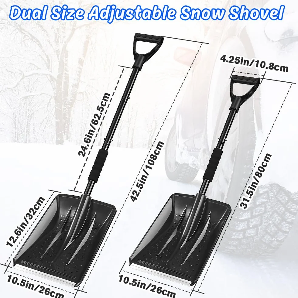 Pelle a Neige, 108cm de Long, Profil en Aluminium Bord de Glissement, 4 Pièces Conception Amovible, Réglable Pelle à Neige Portable pour Conduire, Camping, Bonhomme de Neige Jouer