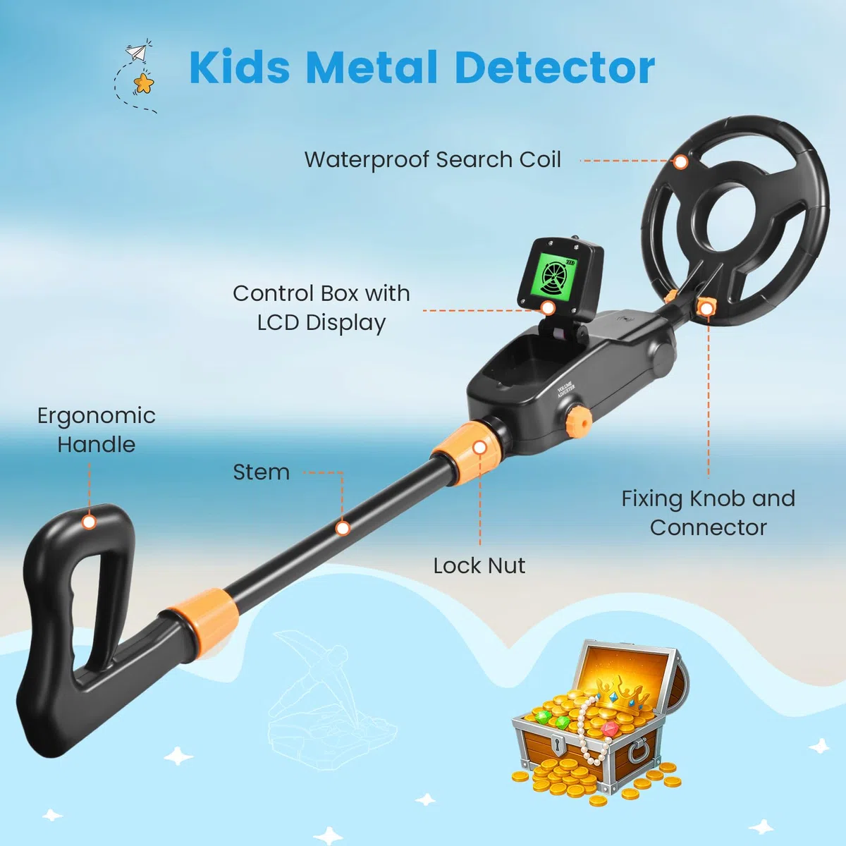 Detecteur de Metaux Enfants, Détecteur de Métaux Légers et étanches IP68 avec Écran LCD et Indication Sonore, Haute Précision pour Enfants avec Pelle pour la Recherche de Métaux
