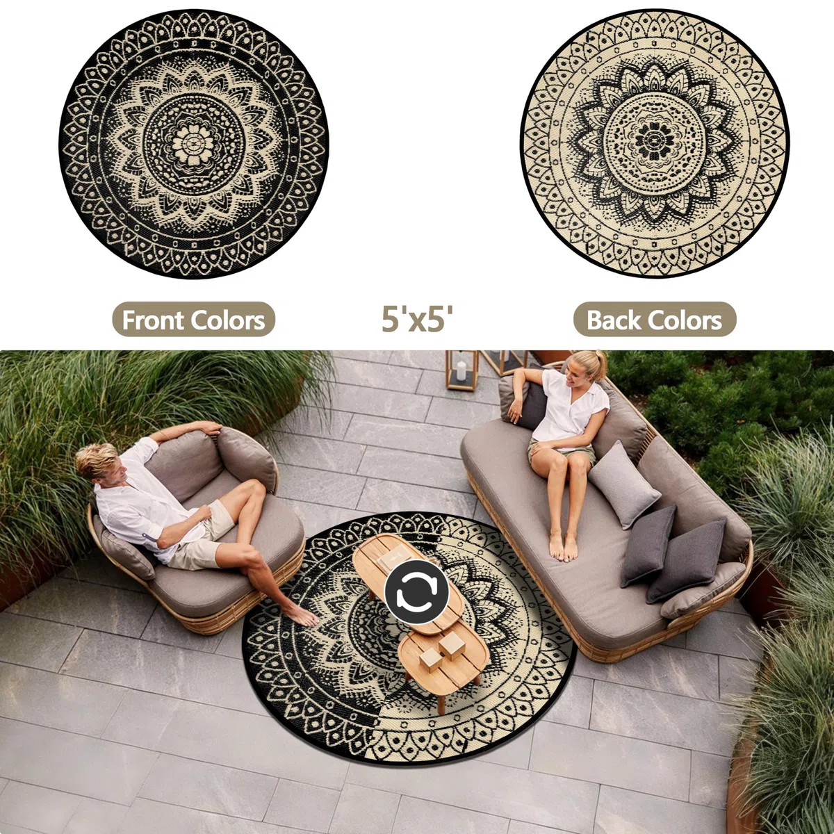 Tapis d'extérieur Rond pour terrasse 150cm réversible imperméable et Pliable bohème pour Camping-carTapis de Pique-Nique et de Camping pour RV, Balcon, Plage, terrasse, Noir/Marron