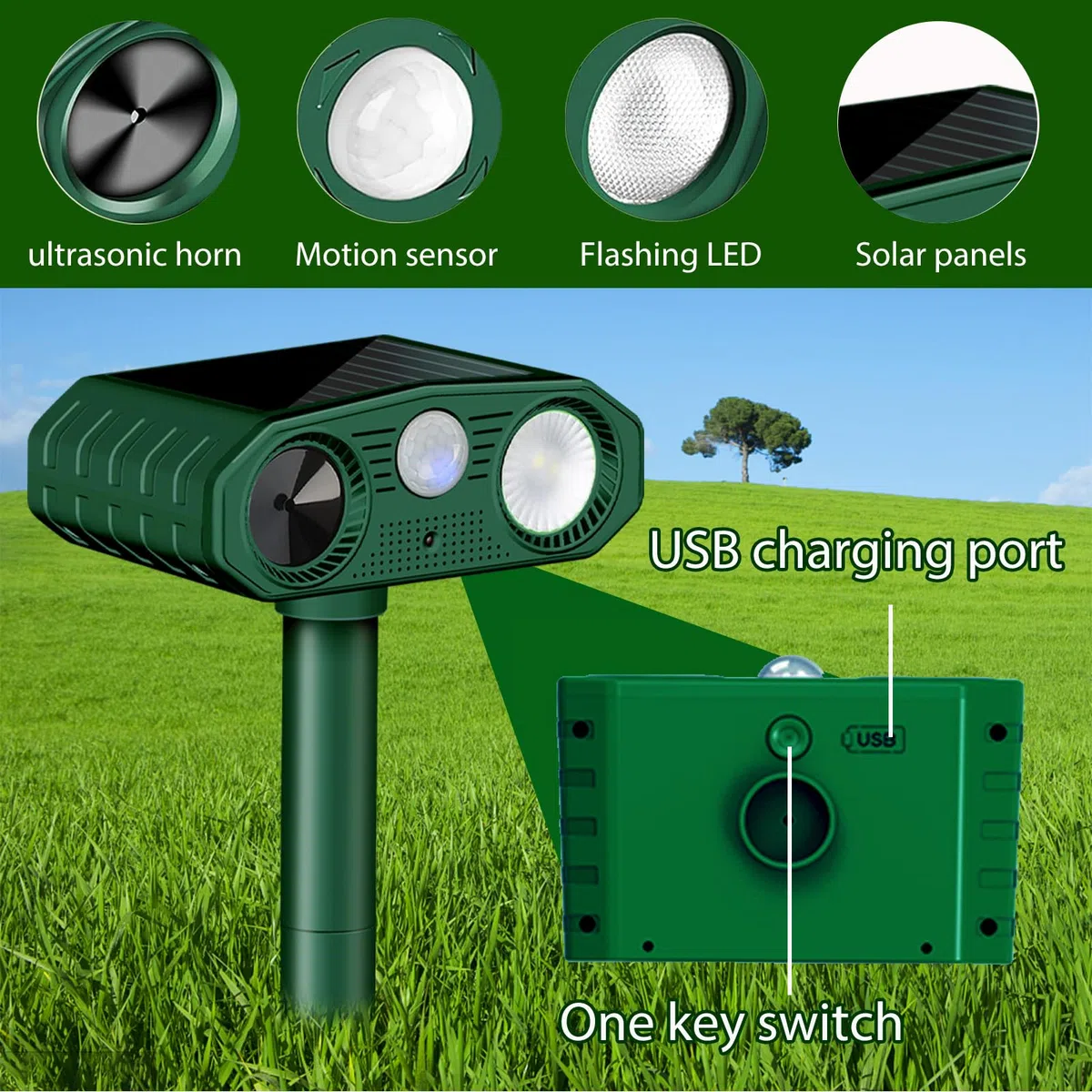 Répulsif Chat Ultrason, 3 Modes Repulsif Chat Solaire & Solaire et USB Répulsif Animaux, IP54 Étanche Repulsif Chat Exterieur avec Détecteur et Flash pour Chats Chiens Souris Ratons Animaux de Jardin