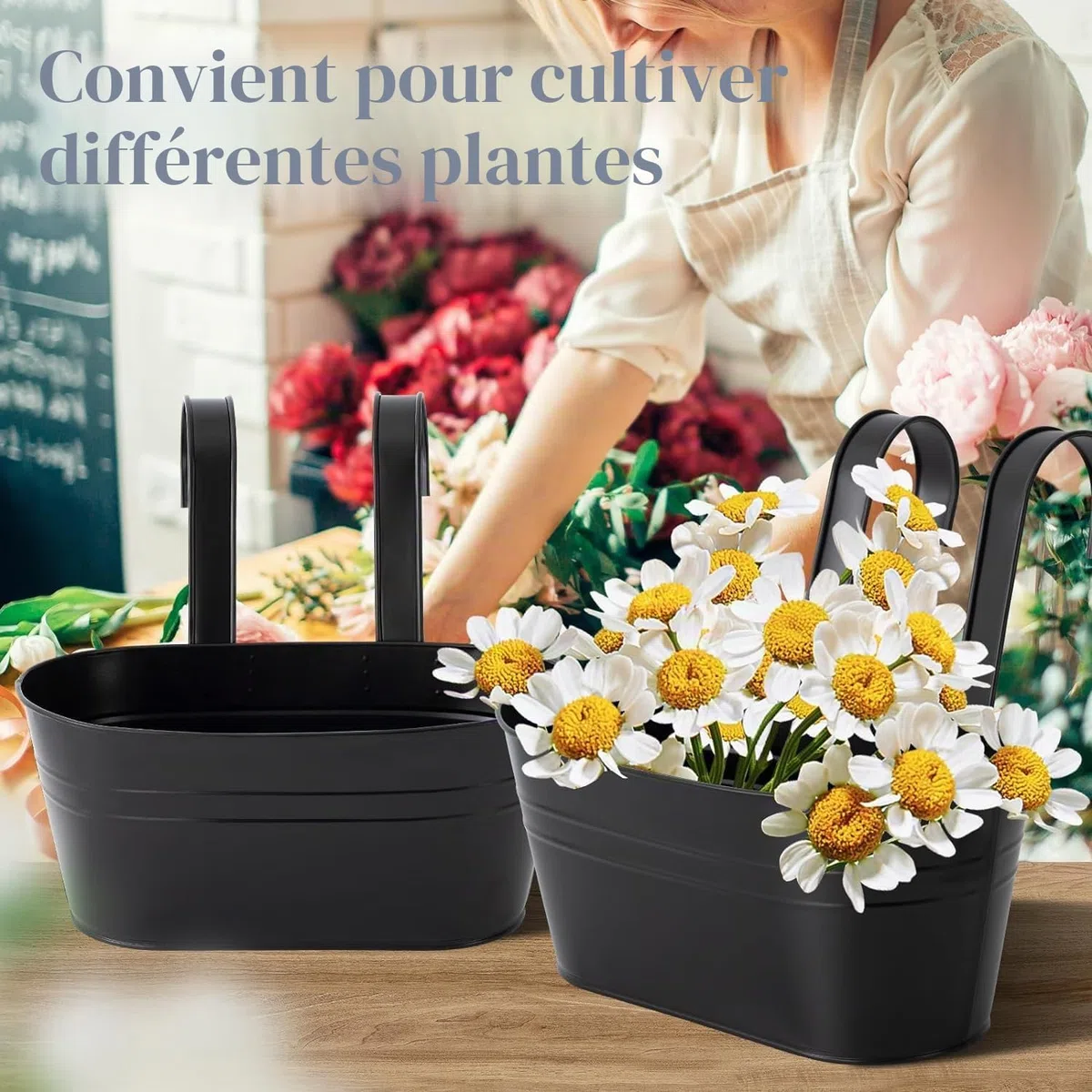 LATERN 4 Pièces Pots de Fleurs Suspendus en Métal, 27.5CM Grands Pots de Plantes Seau à Fleurs Suspendu avec Crochet Amovible pour Balcon Clôture Jardin Maison Décor (Noir)