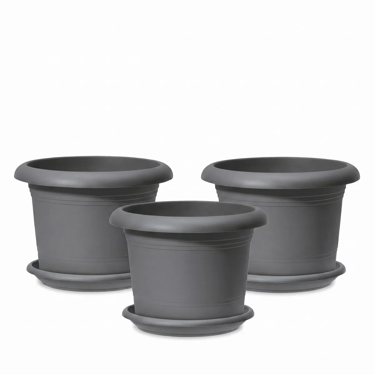 Scheurich Lot de 3 pots de fleurs Oliver avec soucoupes - Couleur : gris métallisé - Diamètre : 40,4 cm - Hauteur : 28,1 cm - Volume : 19,3 l