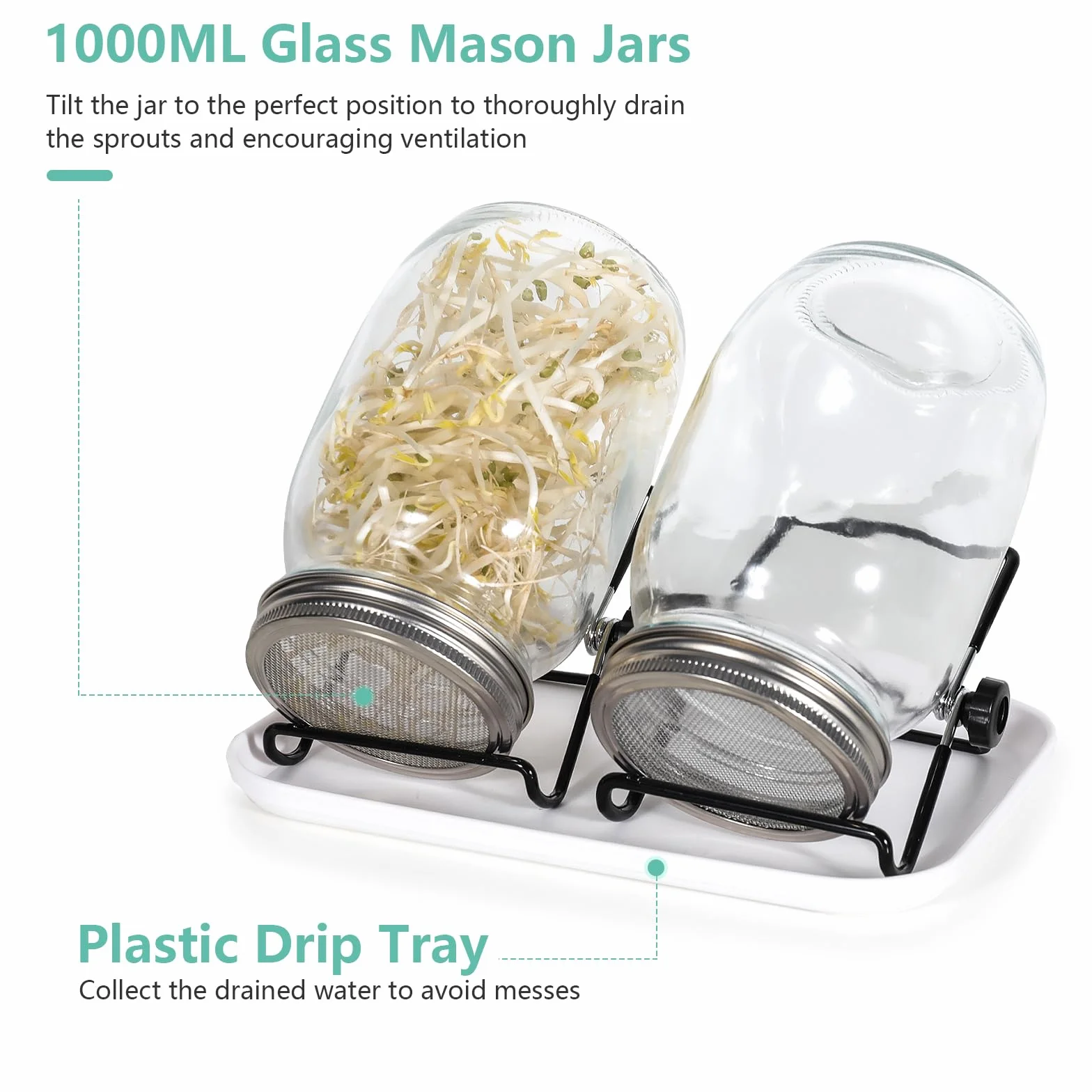 Cinnani Bocal de Germination de Graines, 2 x 1000ml Pots Mason à Large Ouverture avec Couvercles de Germination en Acier Inoxydable 304 avec Plateau, Support, Toile D'ombrage et Brosse