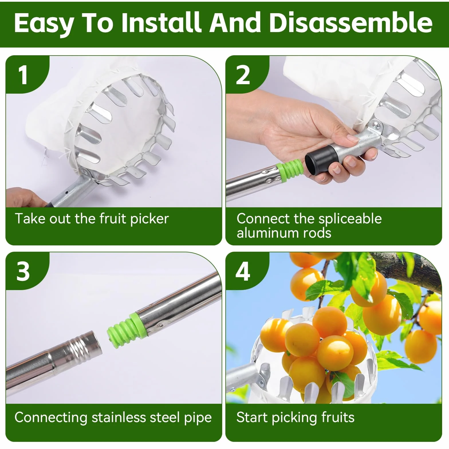 Cueille Fruit Telescopique,Cueilleur de Fruits Amovible,Cueilleur de Fruits Avec Manche Télescopique,Ramasse Fruit de Inox pour la Cueillette des Pommes Oranges Pêches Poires Cerises