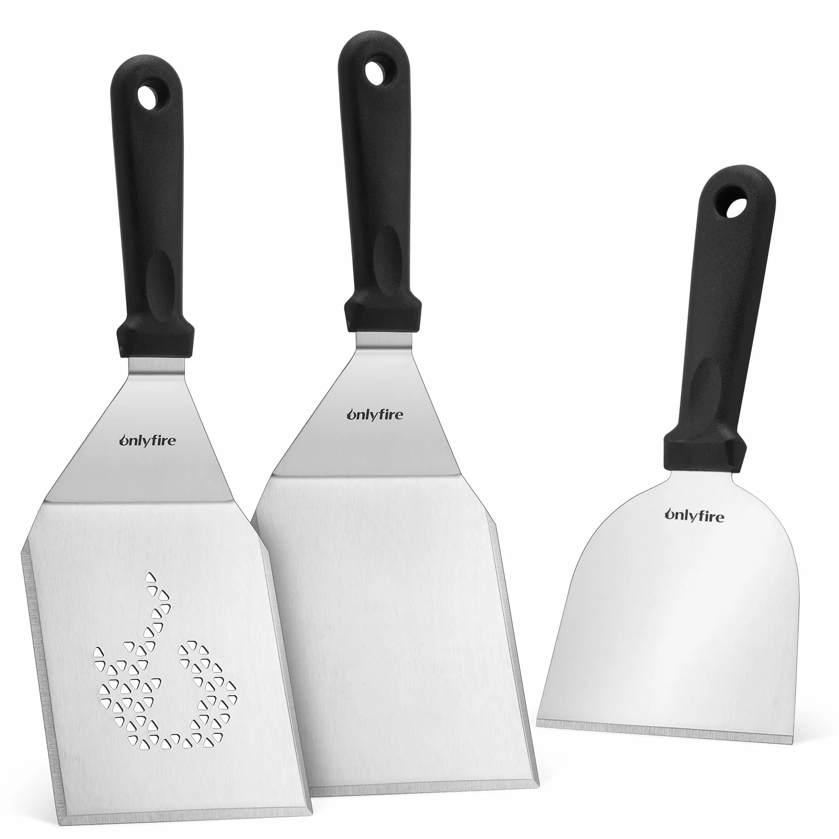 Onlyfire Ensemble de Spatules Acier Inoxydable, Kit Plancha Set Barbecue pour Teppanyaki, Plaque de Barbecue, Gril à Gaz, Accessoire Spatule BBQ Plancha, 3 Pièces