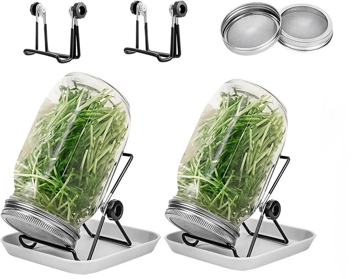 Bocal de Germination, 2 x 1000ml Germoir en Verre Bocal à Germes avec 2 Couvercle à Grille en Acier Inoxydable, 2 Support, 2 Plateau, kit de Bocal à Germes pour Brocoli Luzerne Haricots Verts
