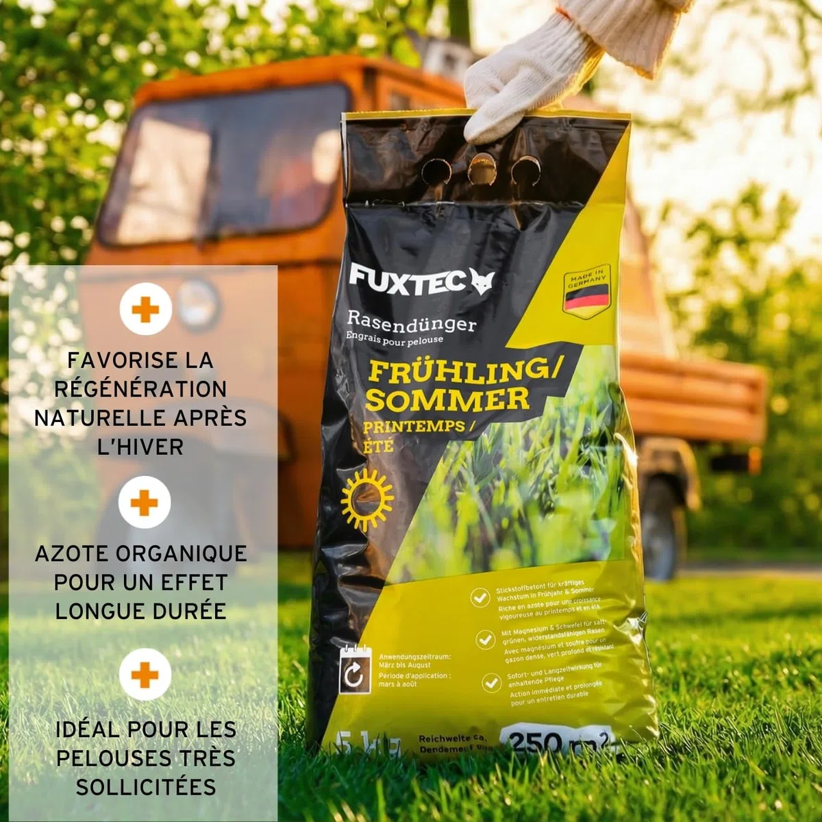 FUXTEC Engrais gazon printemps été FX-RDFS5 5 kg rendement 250m2 fertilisant pelouse organo-minéral NPK 12+3+5 azote à libération progressive magnésium et soufre granulés fins
