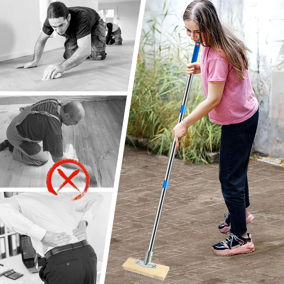 Lot de 2 balais métalliques avec manche - 160 cm - Pour désherbeur de mousse - En acier - 2 têtes de brosse en fil métallique avec grattoir - Robuste - 30 cm - Pour mousse, jardin, terrasse, terrasse