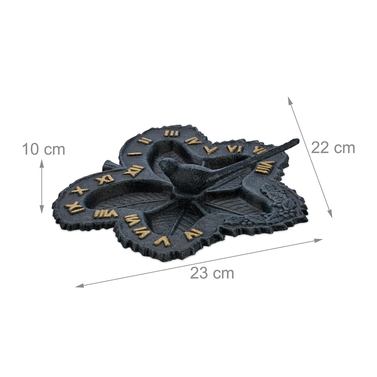 Relaxdays Cadran Solaire pour Jardin, Fonte de Fer, Design Antique, Feuille & Oiseau, déco extérieure, Anthracite - doré