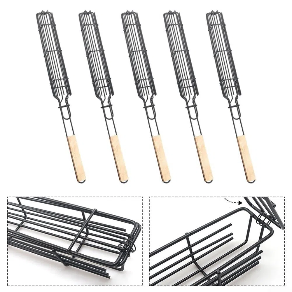 Lot de 5 paniers de barbecue avec poignées en bois, cages en maille robuste pour saucisses, viande et légumes