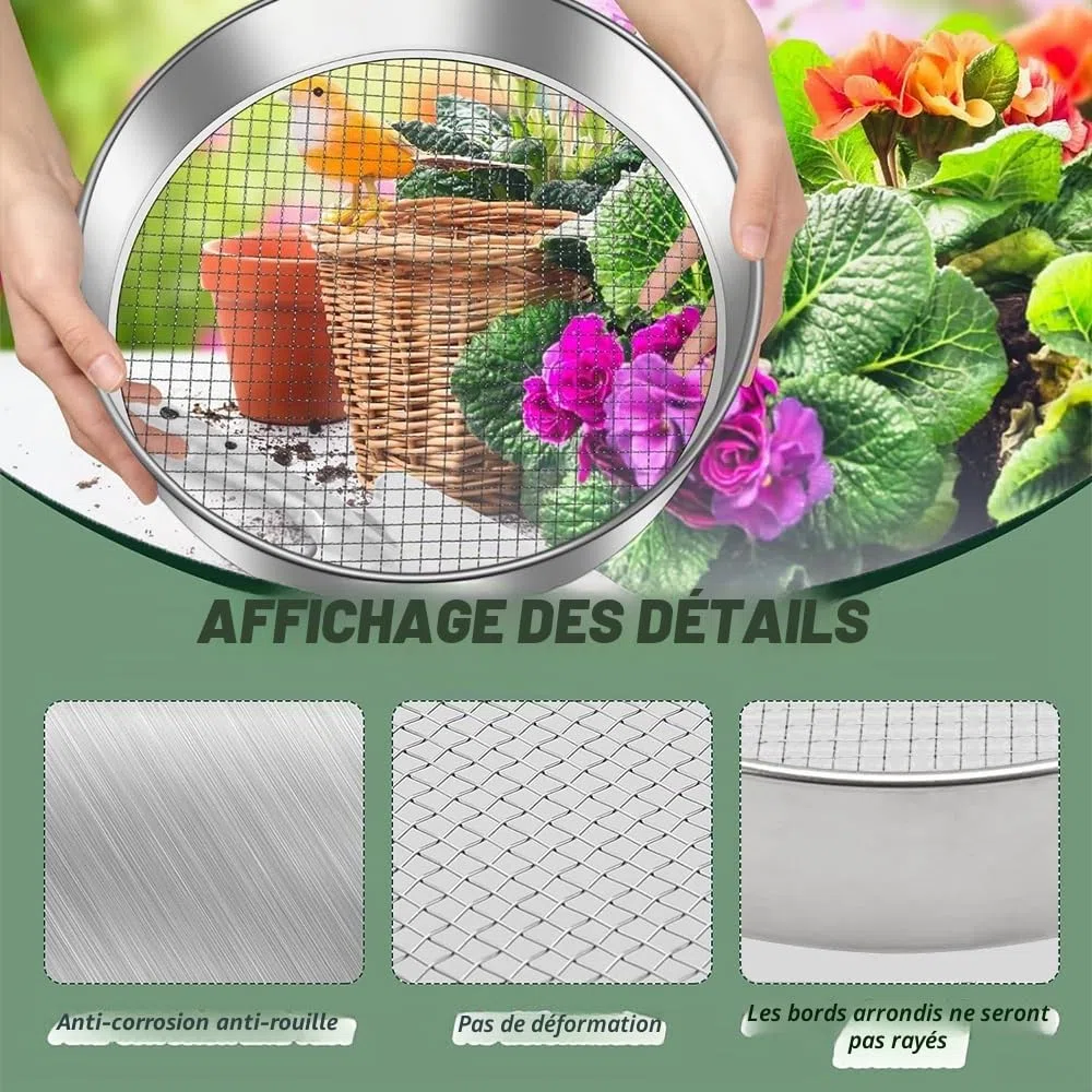 Tamis de Jardin en Acier Inoxydable,5 en1 Tamis Jardin Rond 30 cm,avec 5 Tamis Interchangeables Ø 3,6,9,10,12 mm,Tamis de Jardin Rond,Tamis à Compost pour Terre, Compost, Semences