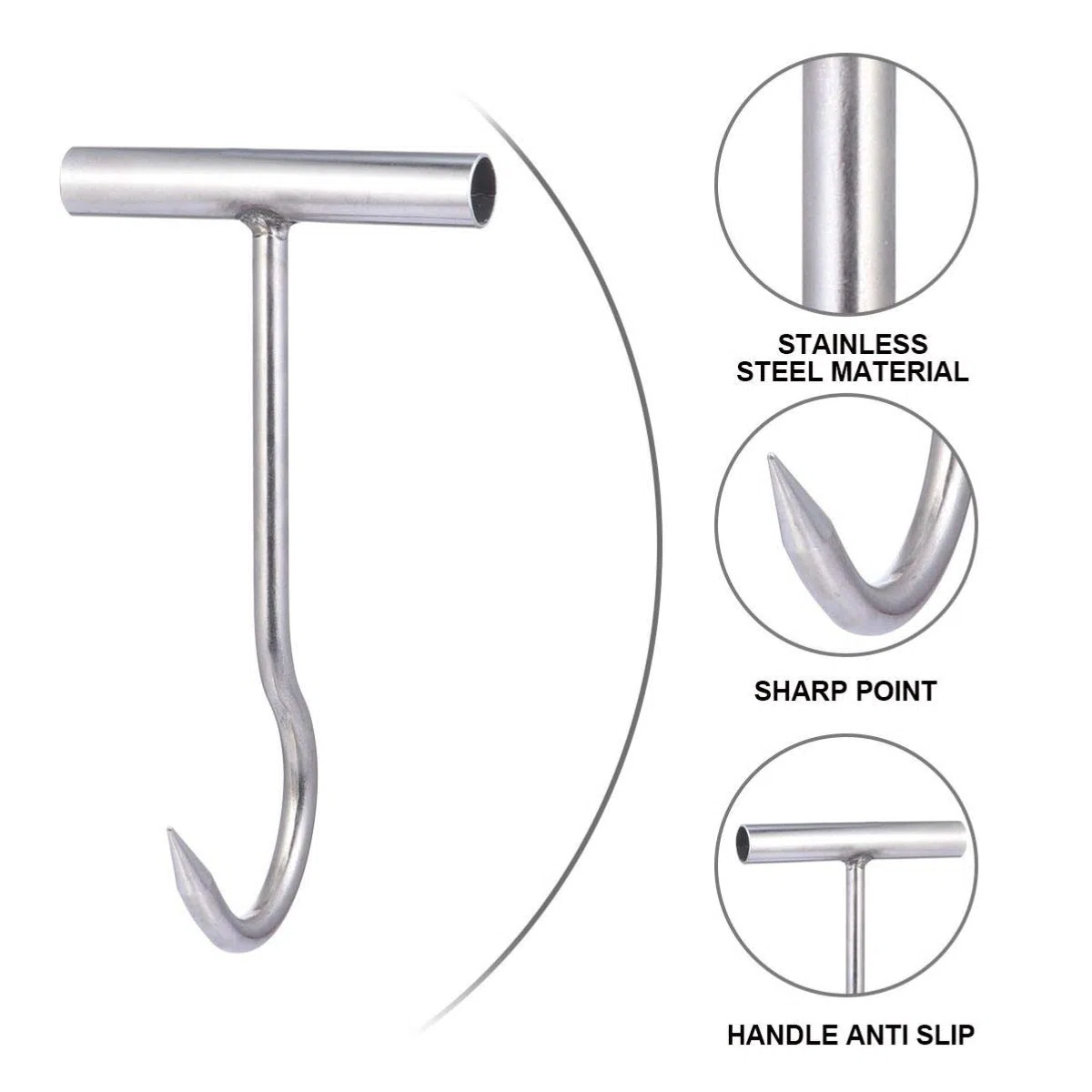 iplusmile Stainless Steel Meat Hook - à viande - de boucher - En acier inoxydable - en T - Avec poignée - réversible pour rôtir - Outil de barbecue - Argenté