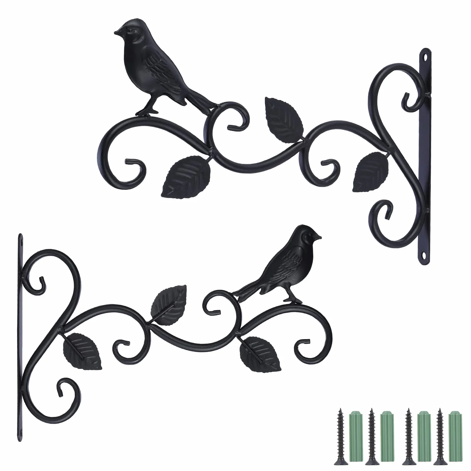Kyrio Lot de 2 supports de panier à suspendre pour extérieur, 30,5 cm, crochets décoratifs en métal pour plantes suspendues, mangeoires à oiseaux, lanternes (3 feuilles), Noir, 30cm L x 19cm H