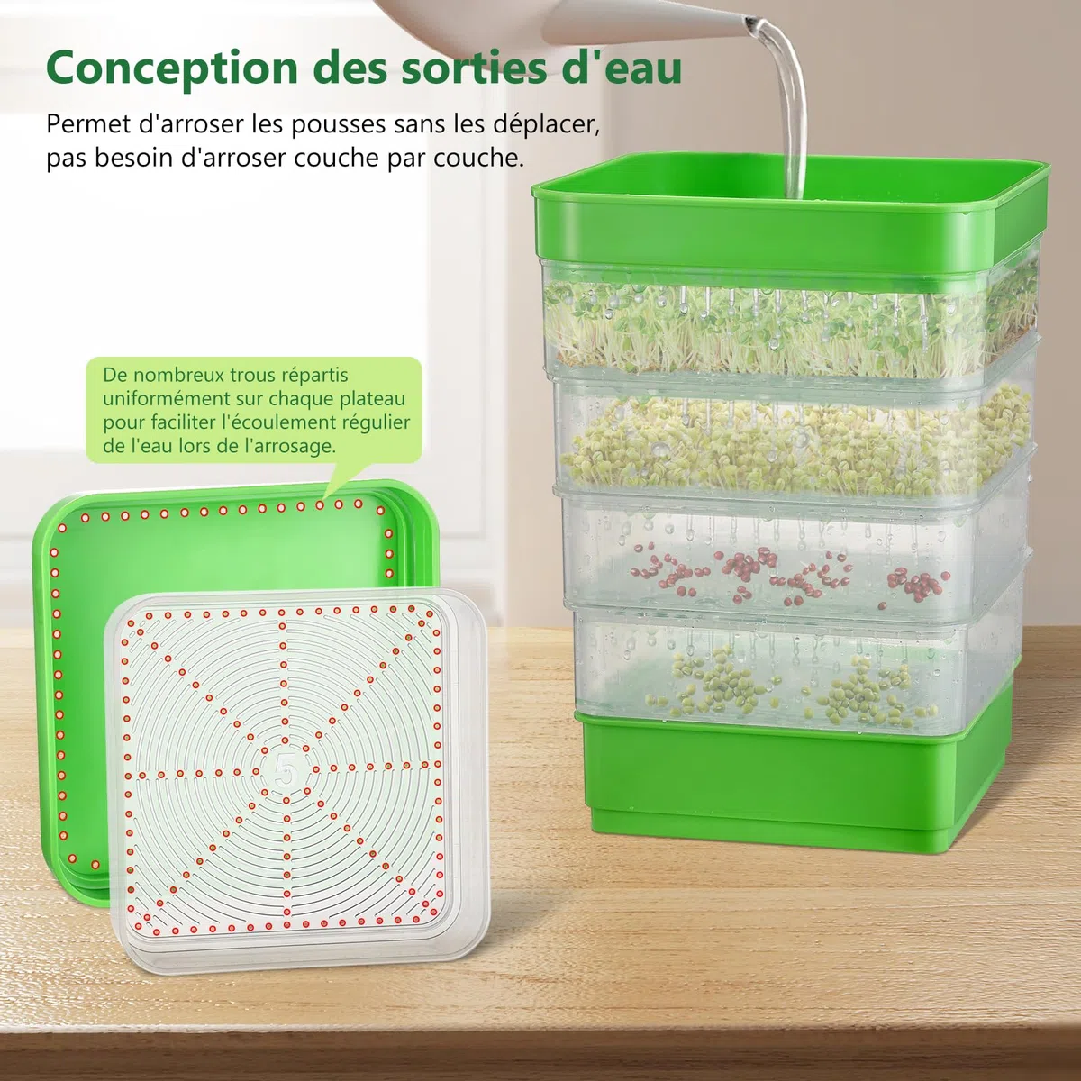 Kit de Germination de graines, kit de Culture de germes de Haricots à 4 étages, Plateaux de Culture de Micro-organismes Verts empilables pour Haricots, Luzerne et Herbe de blé