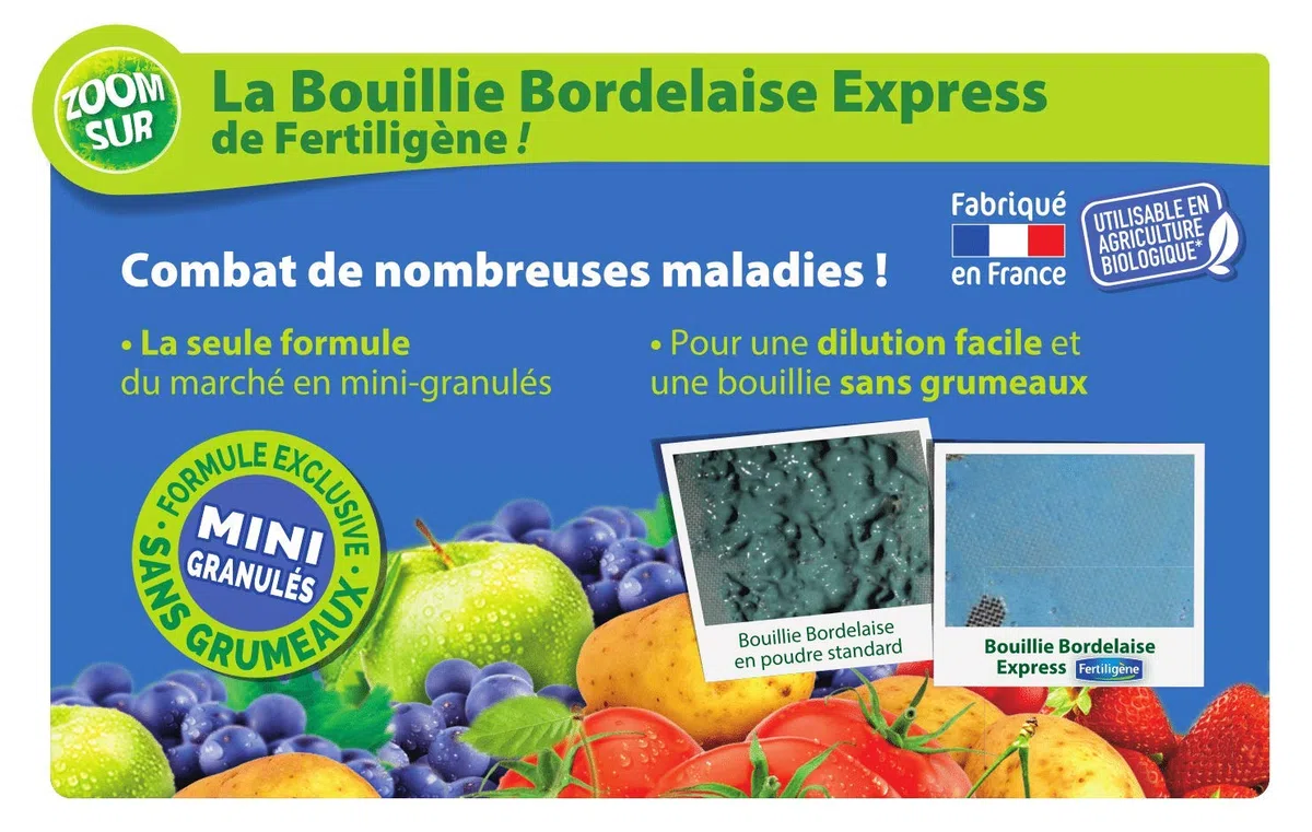FERTILIGENE BOUG7N - Bouillie Bordelaise Granulés Solubles UAB 700 g - Polyvalent et efficace sur nombreuses maladies - Protège verger et potager - Mini granulés sans grumeaux - Frabriqué en France