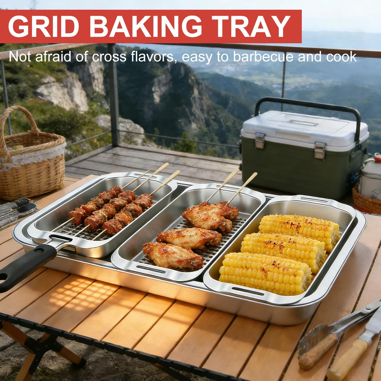 Panier à Barbecue en Acier Inoxydable Set, Panier à Légumes Barbecue avec Trous, Paniers de Grillades Avec Plateau de Service et Poignée Universelle, Accessoires BBQ Pour Poisson Viande Légumes
