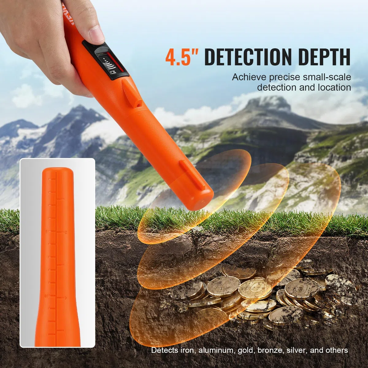 VEVOR Détecteur de Métaux Pinpointer IP68 Entièrement Étanche Pointeur de Métaux Portable Profondeur Détection 114 mm 3 Modes Écran LCD Sonde Chasse au Trésor avec Étui Piles 9 V pour Adultes Enfants