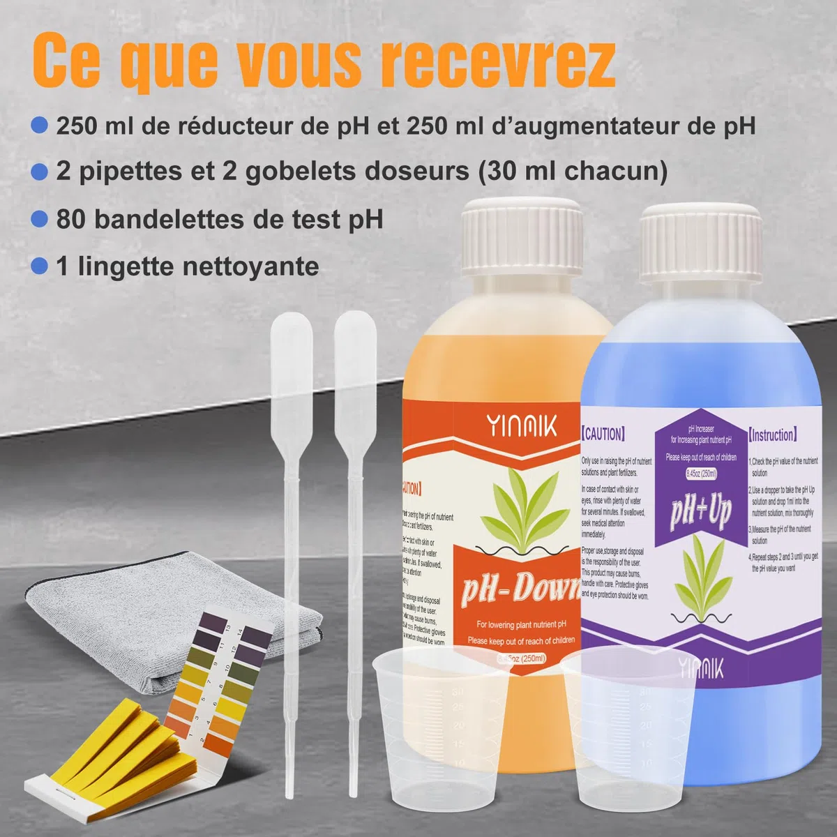 YINMIK Régulateur de pH Hydroponique Universel, Pack Régulateur PH UP & DOWN 250 ml, Augmente et Amincissant pH, Stabilise le pH et Convient à Tous Les Systèmes de Fertirrigation Hydroponique.