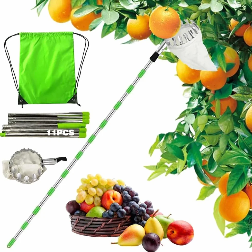 TUIBEIDAMAI Cueille-fruits avec manche télescopique 4,25M, Cueilleur de pommes Diamètre 16 cm, Cueilleur de cerises avec sac en coton, Récolteur de fruits en acier inoxydable pour cerises, Récolteur