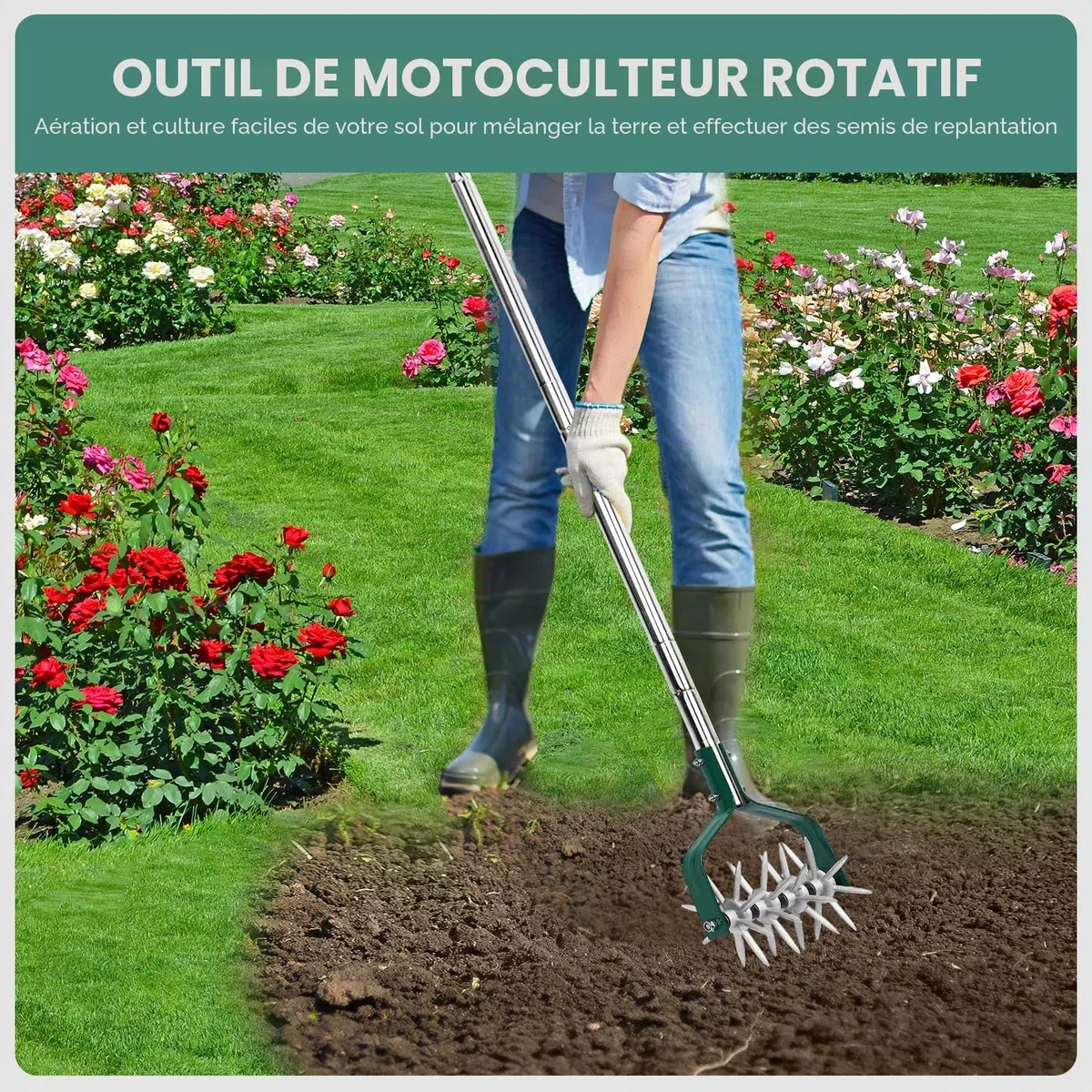 YEELOR Motoculteur de jardin avec manche réglable en acier inoxydable, motoculteur rotatif fin pour le relâchement du sol dans les petits jardins, l'aération de la pelouse, le mélange d'engrais et la