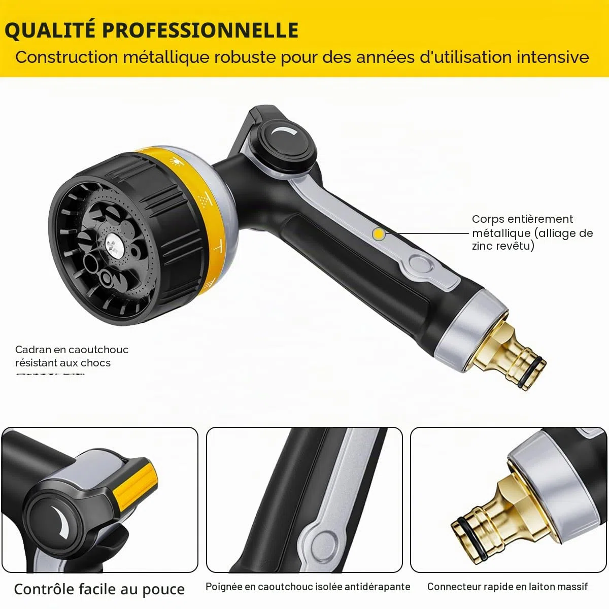 FANHAO Pistolet arrosage robuste, pistolet d'arrosage métallique avec 10 modes de pulvérisation, contrôle au pouce, buse haute pression pour l'arrosage des plantes, lavage de voiture, jaune