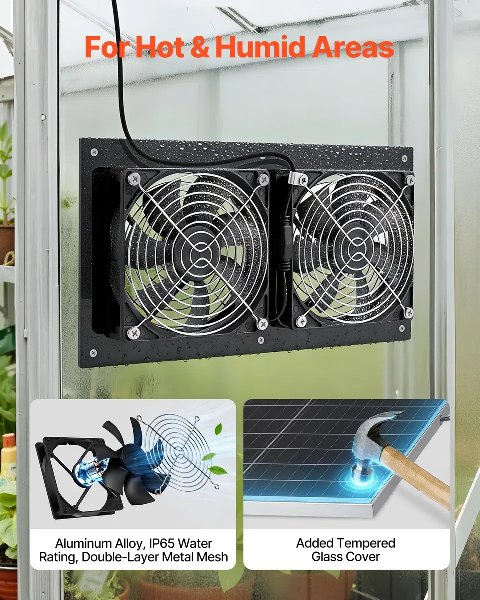 VEVOR Ventilateur Solaire avec Panneau Solaire 15 W et 2 Ventilateurs, Extracteur d'Air, Angle Réglable, 2668 tr/min, pour Serre, Tente de Culture, Abri et Poulailler, Boîtier Alliage Alu Étanche IP65