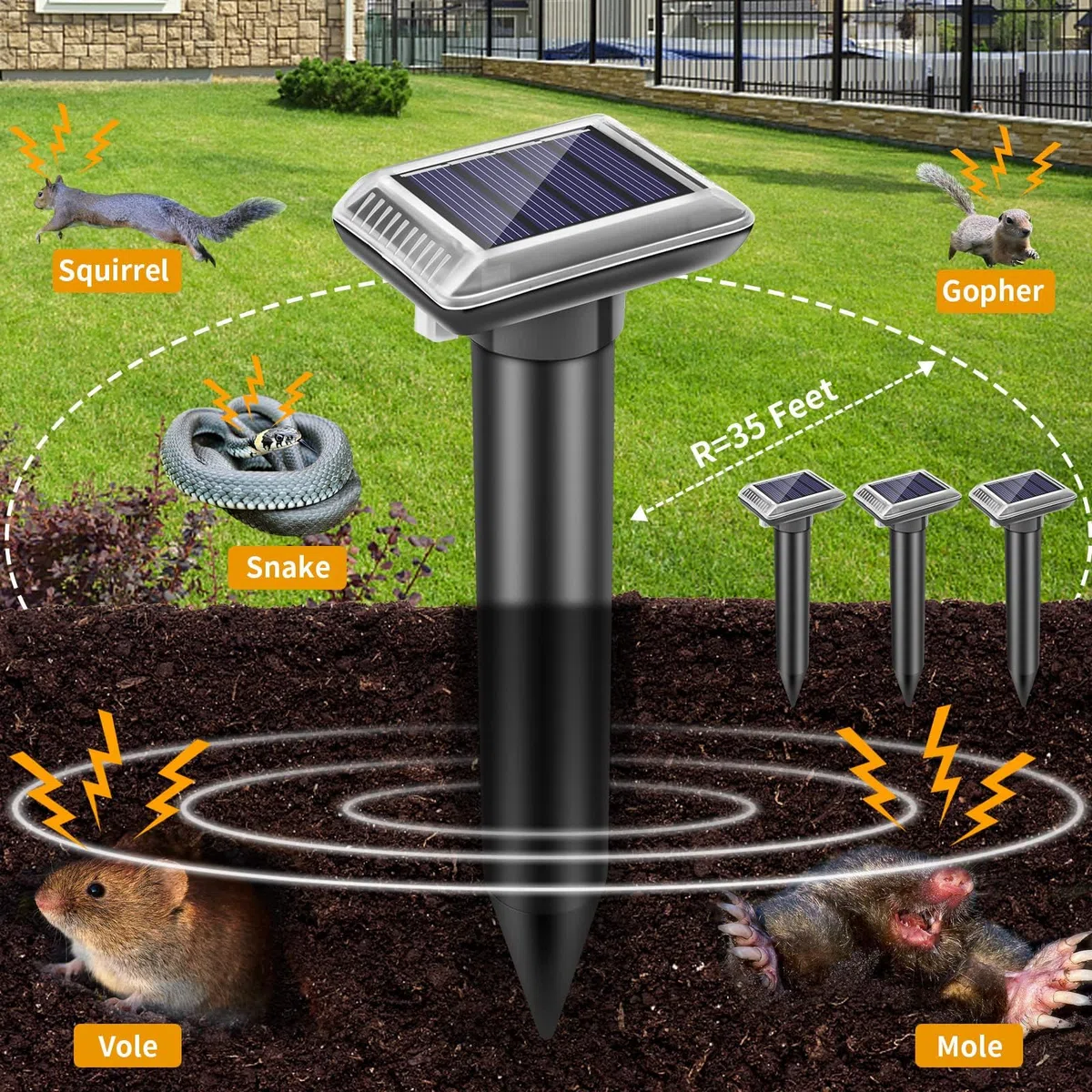 4 pièces Repousse-Taupes Solaire à ultrasons, Kit Anti-Taupes, Combinaison de Vibrations solaires et d'ultrasons Anti-Taupes, Repousse-Taupes Solaire étanche IP66 Vélo