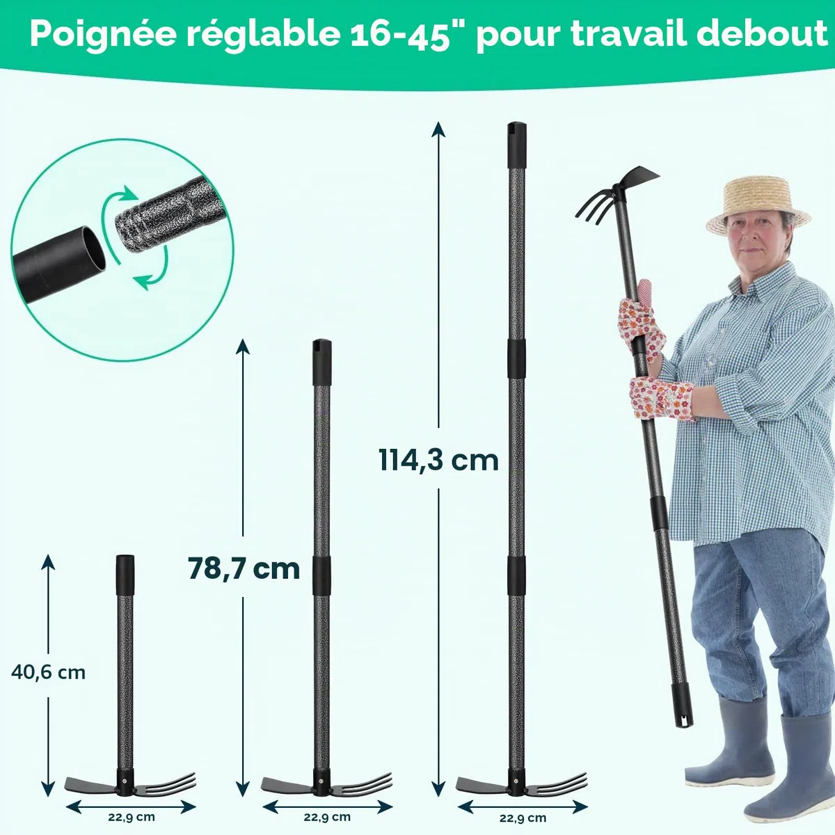 Houe de Jardin avec 2 Griffes, Largeur 114cm, Serfouette Binette Trident de Jardin pour Labourer et Désherber Le Sol, Cultivateur de Jardinage Manuel…