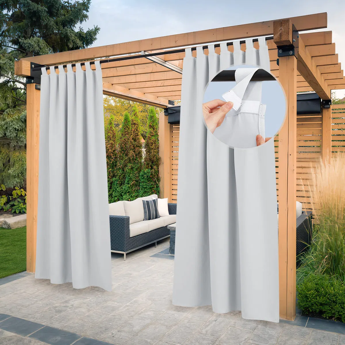 Pony Dance Rideaux d'Extérieur - Rideau Occultant Impermeable à Pattes pour Intérieur Extérieur Thermique Anti Froid Chaleur pour Pergola/Jardin, L 132 x H 213 cm, Gris Blanc, 2 PCS