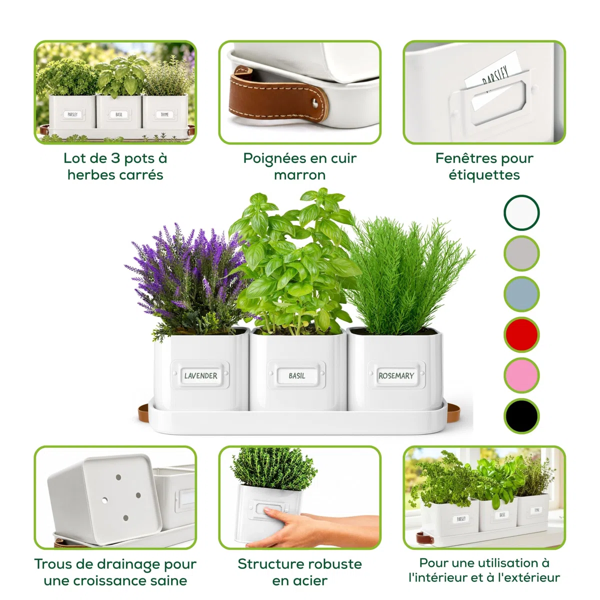 Green Thumbz Jardinière Herbes Aromatiques avec Poignée en Cuir - Idéal pour Basilic en Pot Herbes Aromatiques à Planter - avec Bac de Récupération et Trou de Drainage (Blanc)
