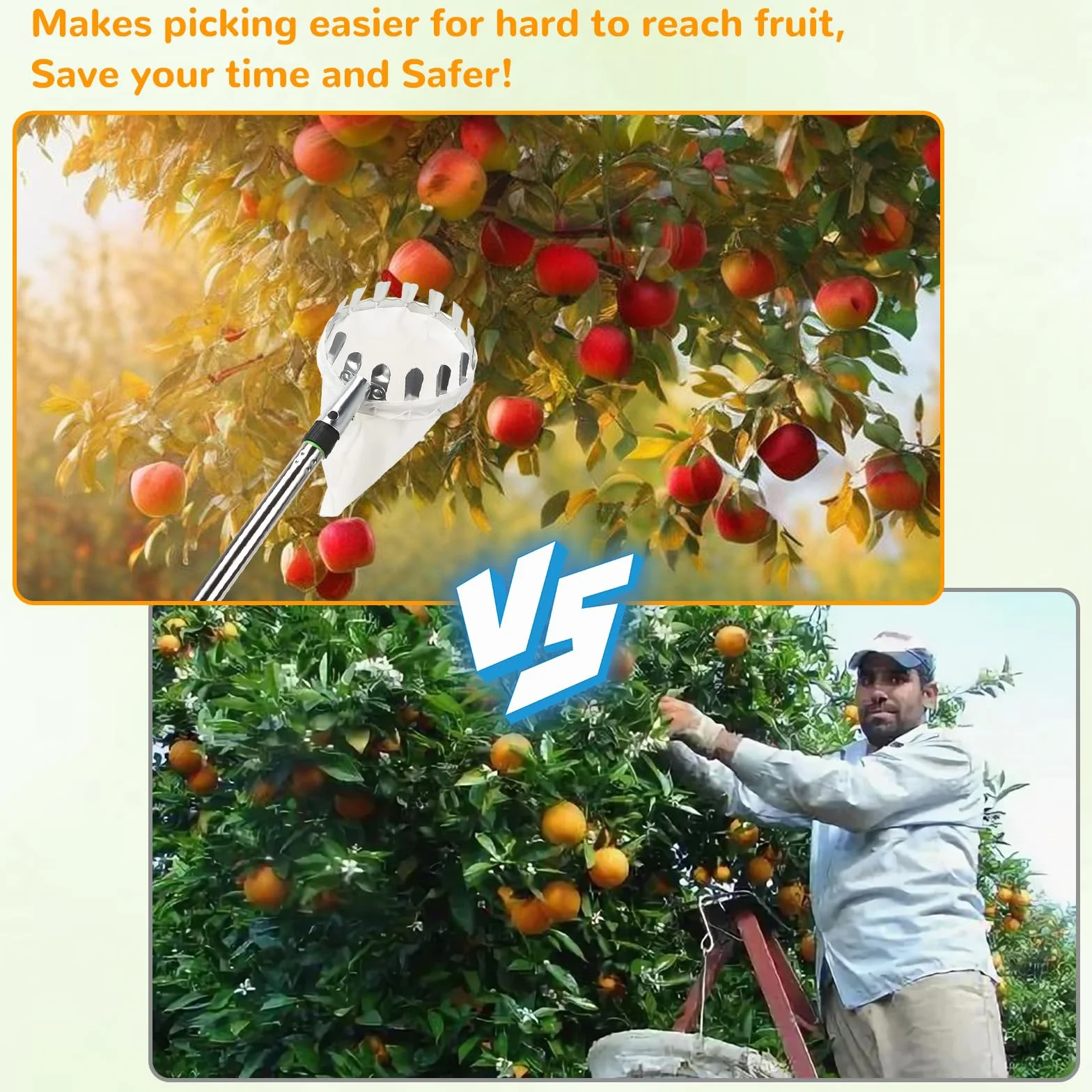 4M Cueille Fruit Telescopique, Ramasse Pomme INOX et Sac de Rangement, Cueille Pommes, Ramasse Fruits, Cueille Poires Cerise Réglable pour Pommes Poires Oranges Pêches Cerises