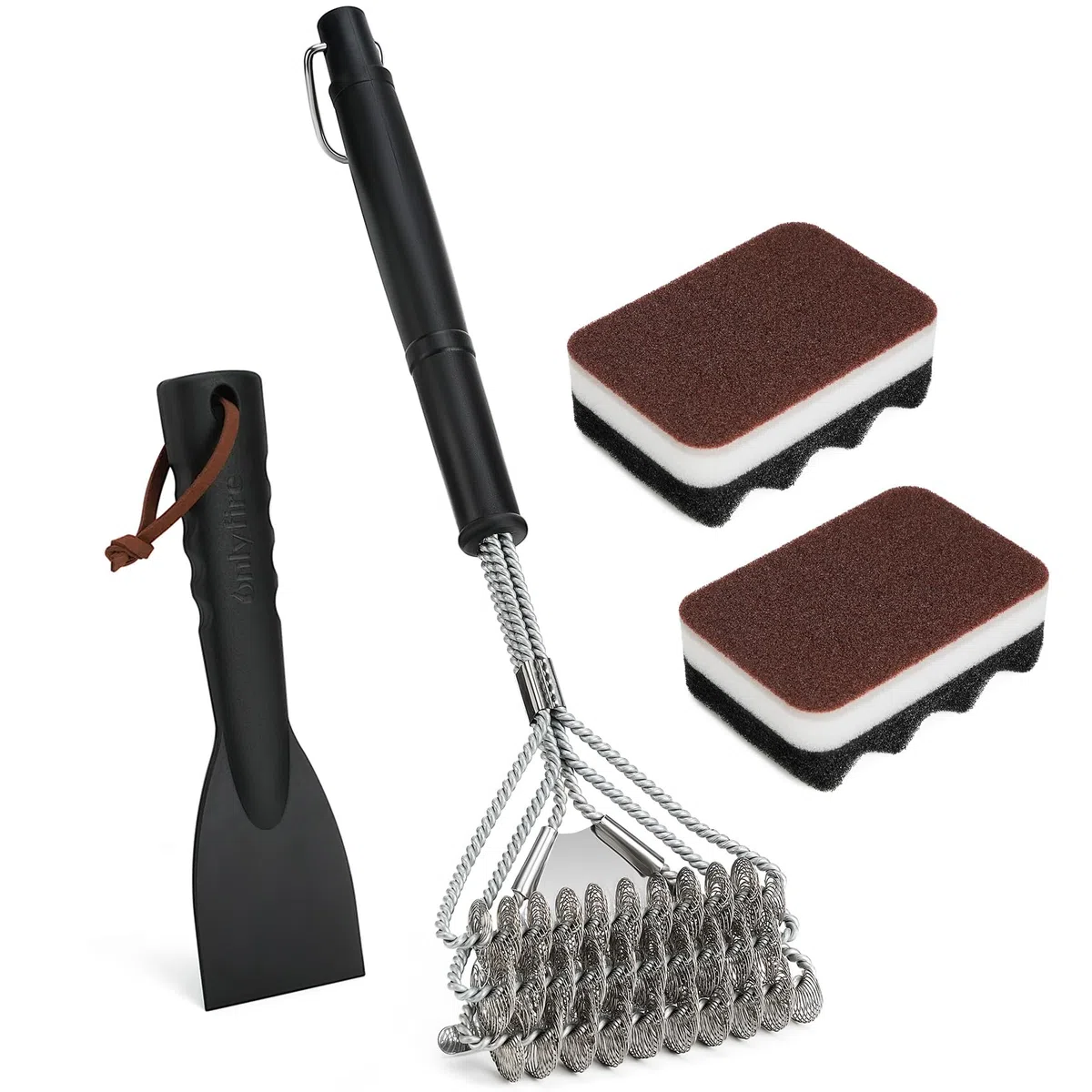 Onlyfire Brosse à Barbecue avec Grattoir et 2 Éponges de Nettoyage - Accessoires de Nettoyage pour BBQ à Gaz et Charbon - Racloir en Plastique pour Barbecue - Poils Métalliques - Éponge Double Face