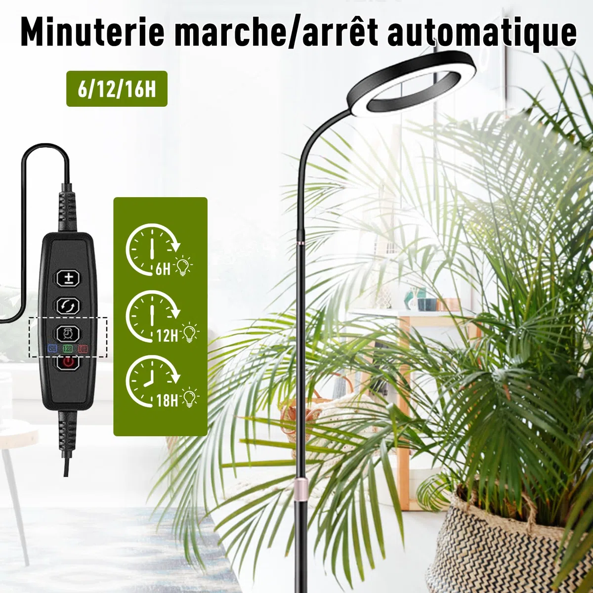 Lampe Horticole LED, Spectre Complet 380-800nm avec Minuterie 6/12/16H, 3 Modes & 10 Niveaux de Luminosité, Hauteur Réglable 57-170cm, pour Plantes d'Intérieur, Livrée avec Timer et Adaptateur