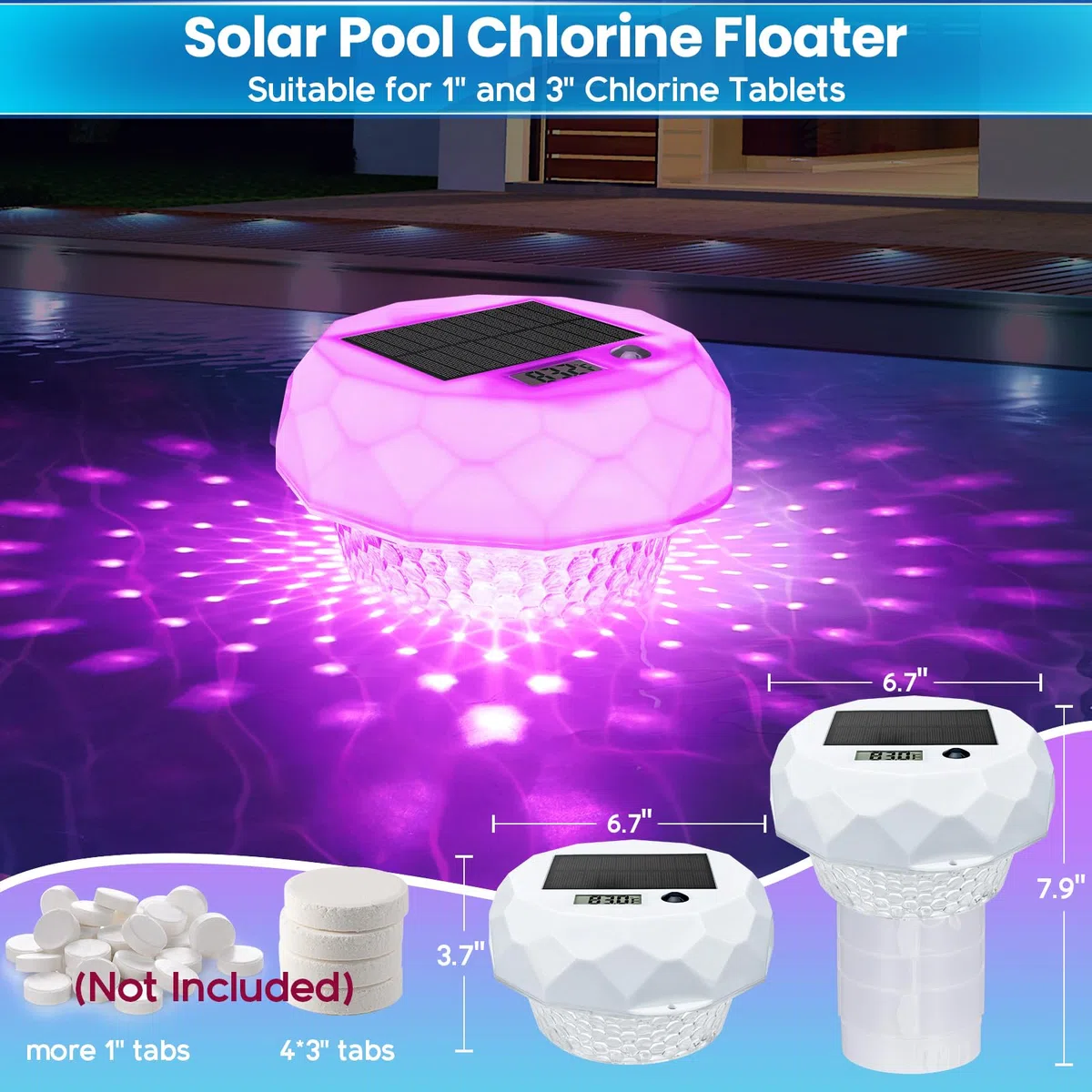 Qoolife Dosieur de Chlore Flottant avec thermomètre et lumière Solaire, pour étang, Bassin, Spa et Bain à remous, Compatible avec 1" et 3", avec télécommande et réglage