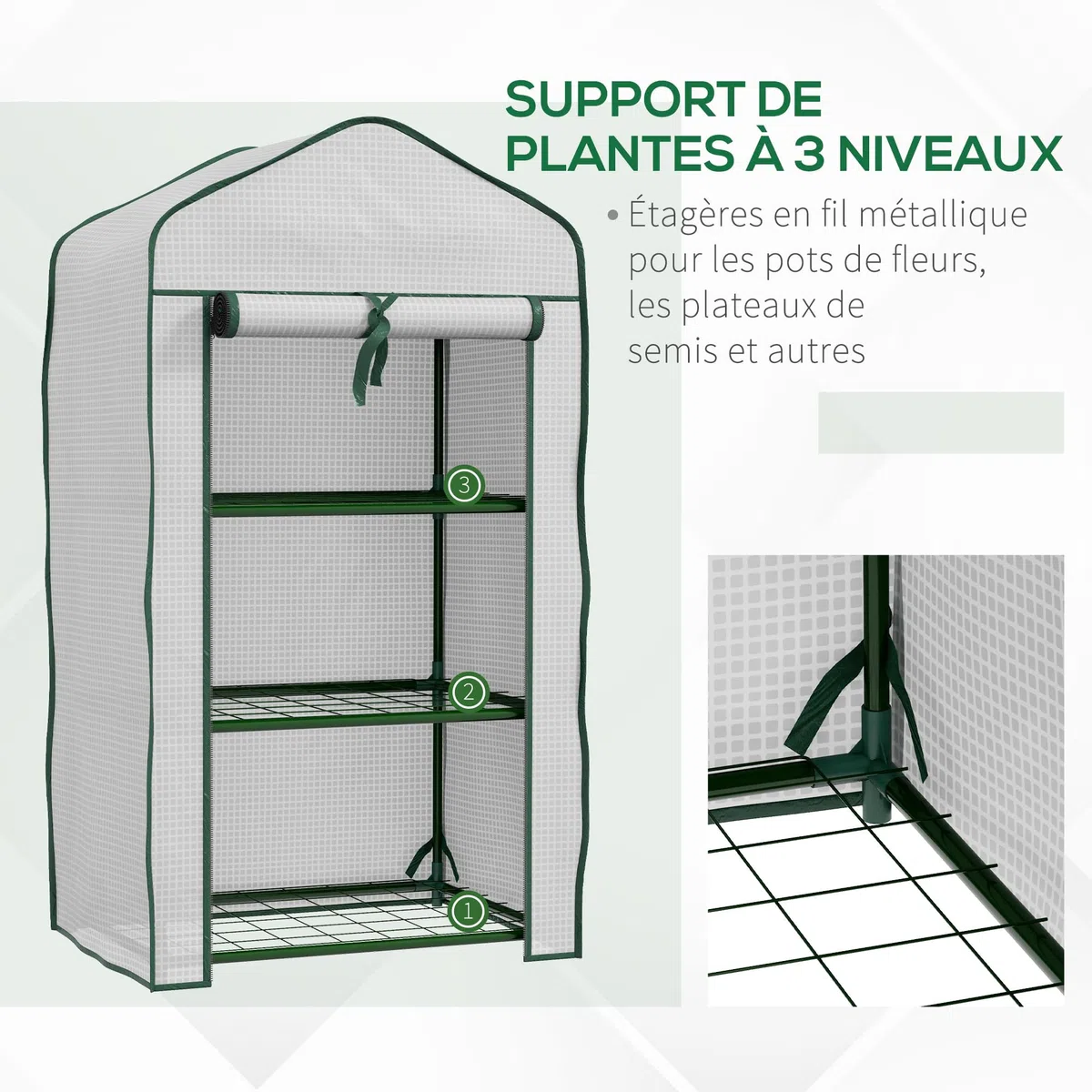 Outsunny Serre de Jardin avec étagères 3 Niveaux, Serre de Balcon, bâche renforcée PE, châssis en Acier, Porte zippée Enroulable, pour légumes Plantes Fleurs, 59 x 39 x 127 cm, Blanc