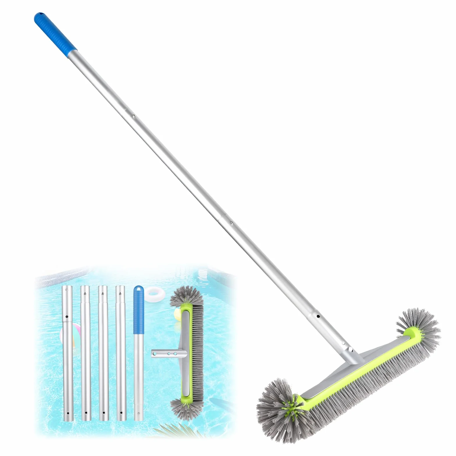 LALAGO Brosse Piscine Ronde, Tête de Brosse de Piscine avec Perche Amovible, avec Les Poils Hémisphériques, Brosses à Récurer pour Mur et Carrelage, Brosses pour Salles (avec Perche)